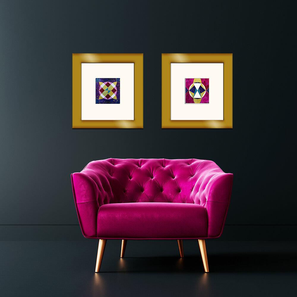 Beyond Balance” abstract geometric painting by artist Julie Davis featuring layered gold, purple, pink, and blue forms exploring transformation, resilience, intuition, and creative harmony.