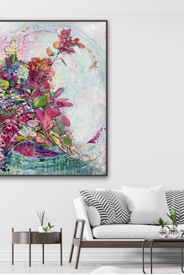 "Beautiful Beginnings" original painting on canvas by Julie Davis in elegant living room interior.