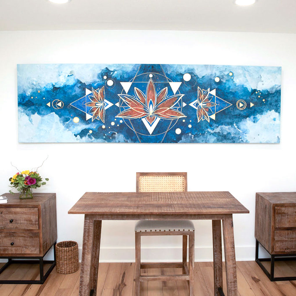 "Blooming Life" original painting on canvas by Julie Davis in yoga studio reception room.