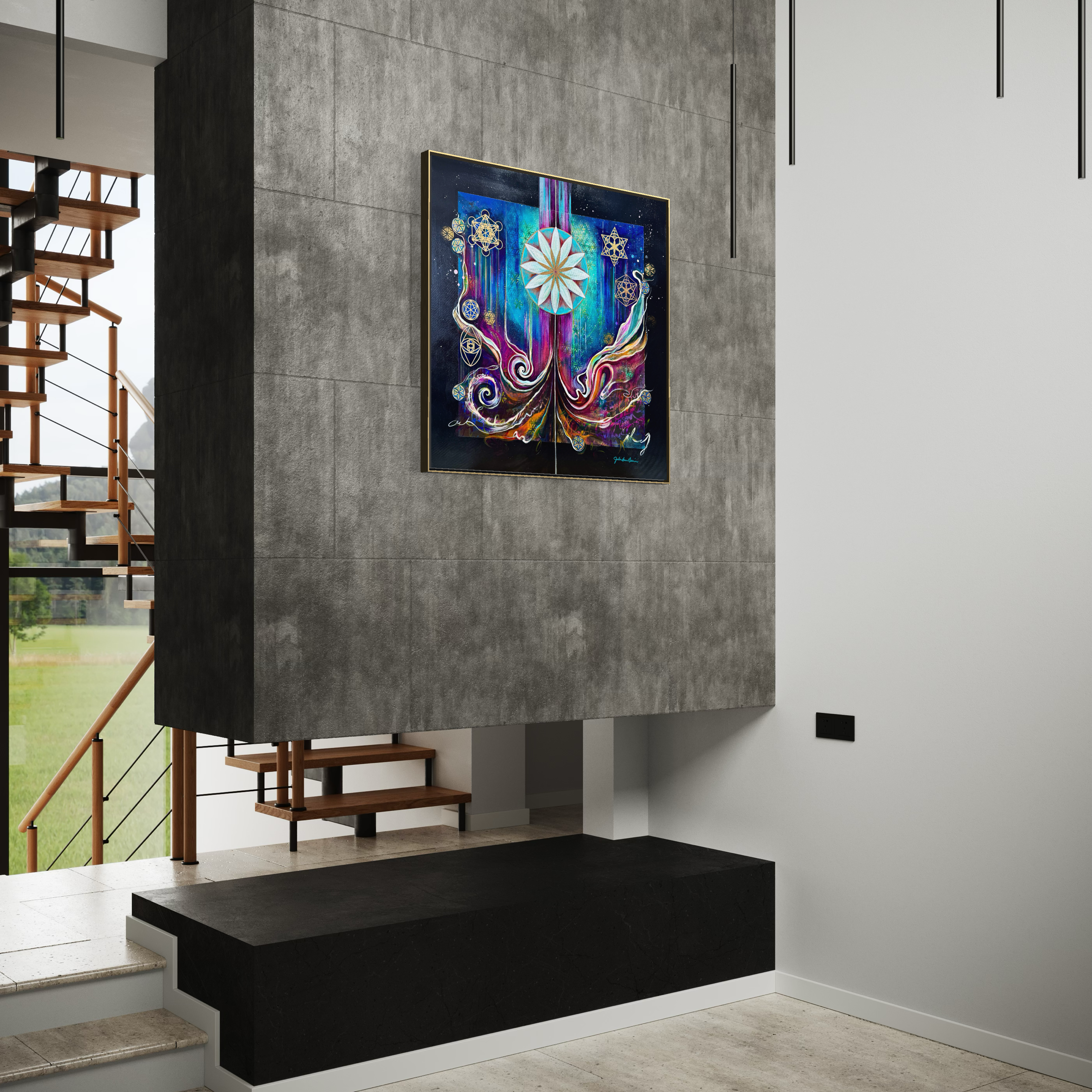 Culminating Consciousness Sacred Geometry Art Julie Davis - in modern interior - side view