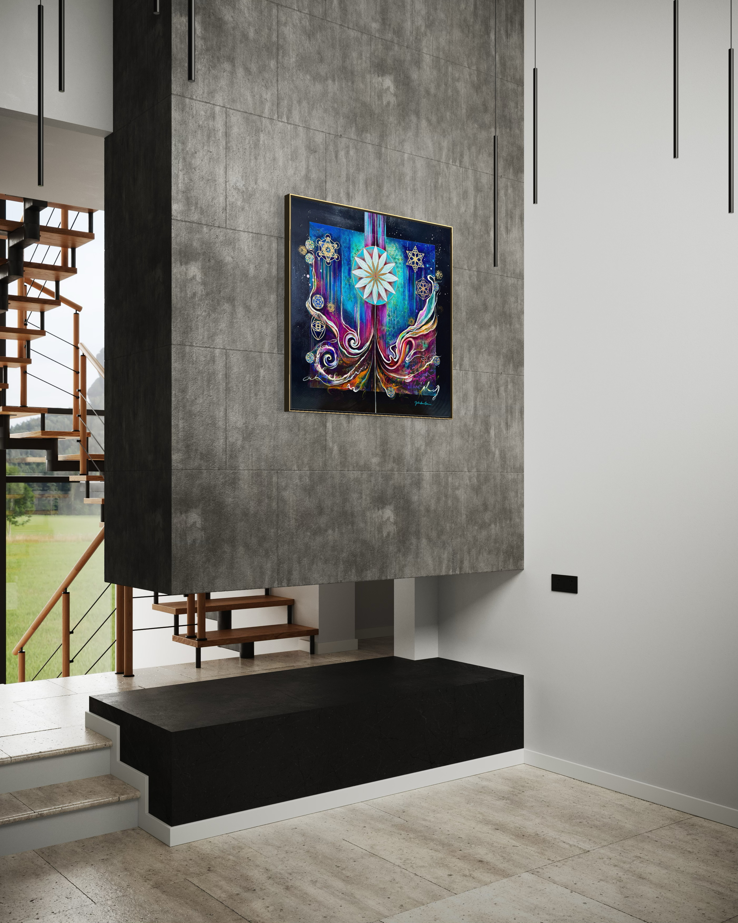 Culminating Consciousness Sacred Geometry Art Julie Davis - in modern interior - side view