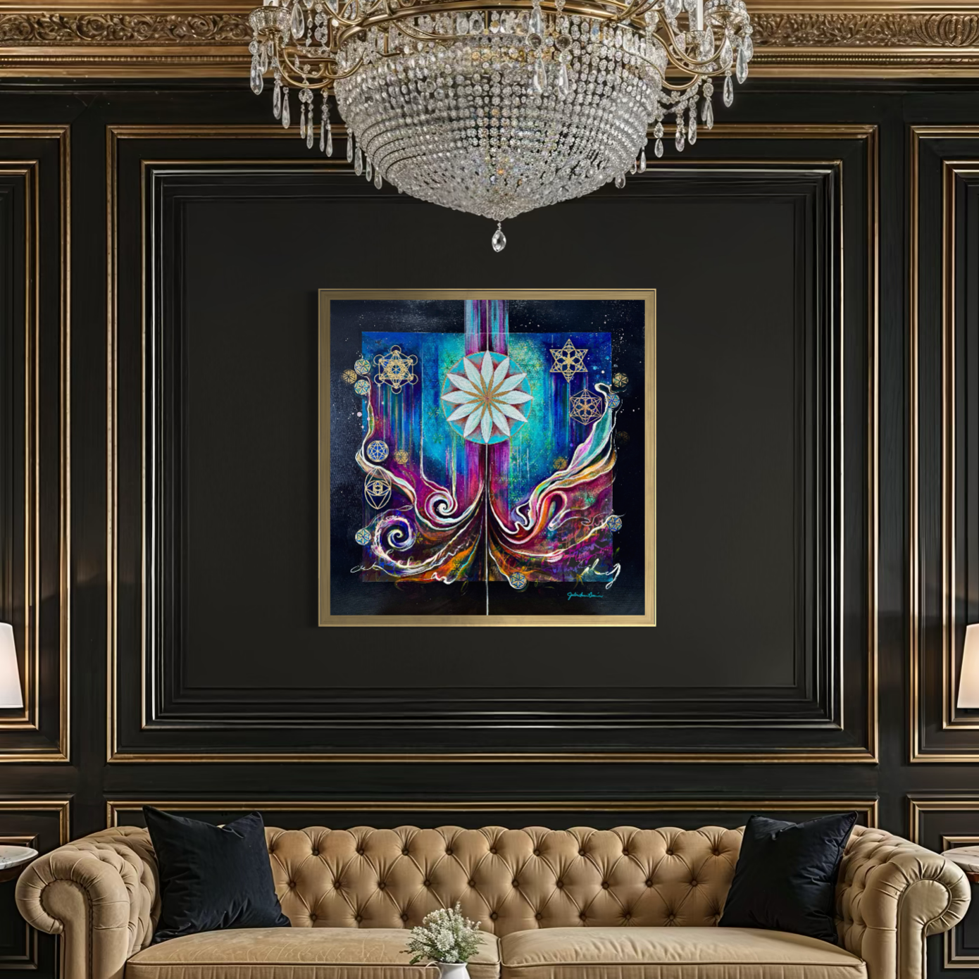 Luxurious living room with a chandelier and a sofa featuring framed sacred geometry artwork,, Culminating Consciousness, an original painting by Julie Davis.