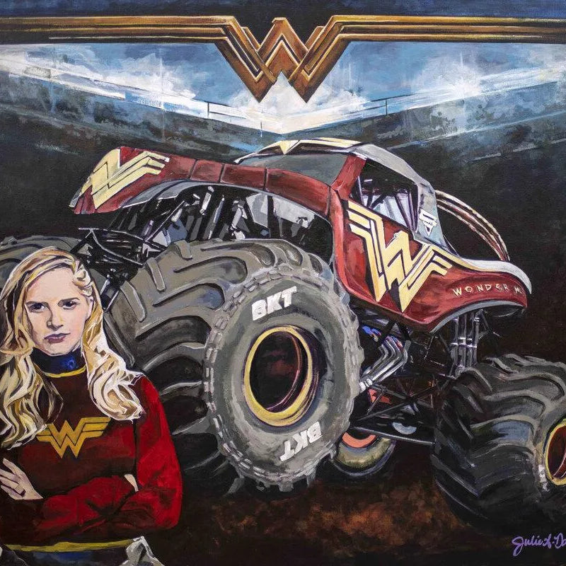 Portrait of Collete Davis and her Wonder Woman Monster Truck, a professional racecar driver, stunt driver, entrepreneur and national TV Host.