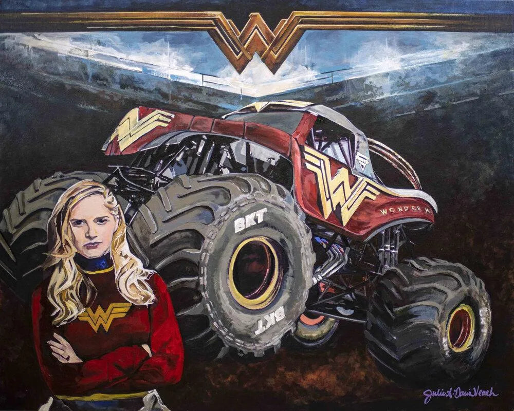 Portrait of Collete Davis and her Wonder Woman Monster Truck, a professional racecar driver, stunt driver, entrepreneur and national TV Host.
