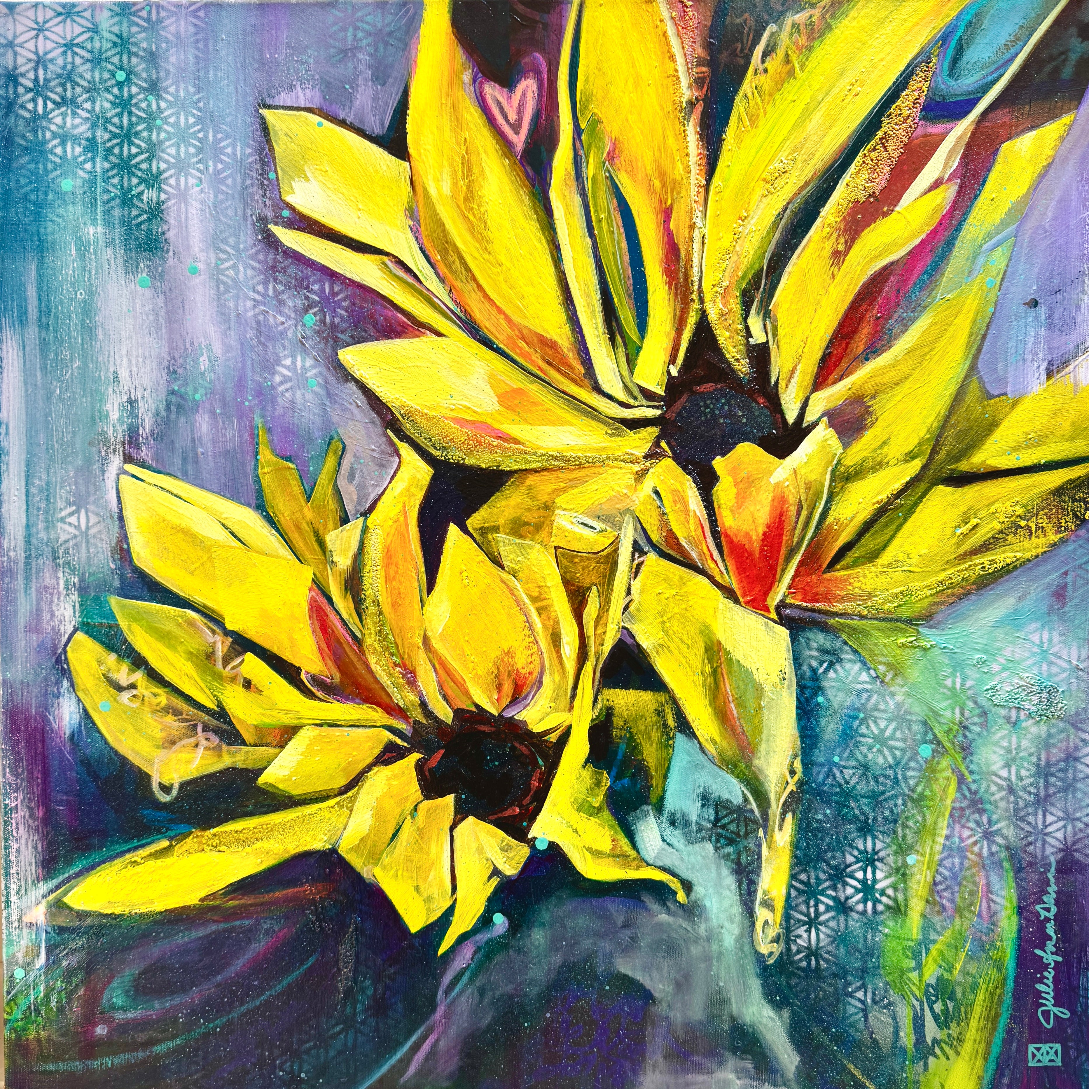Colorful abstract painting of yellow flowers on a blue and purple background