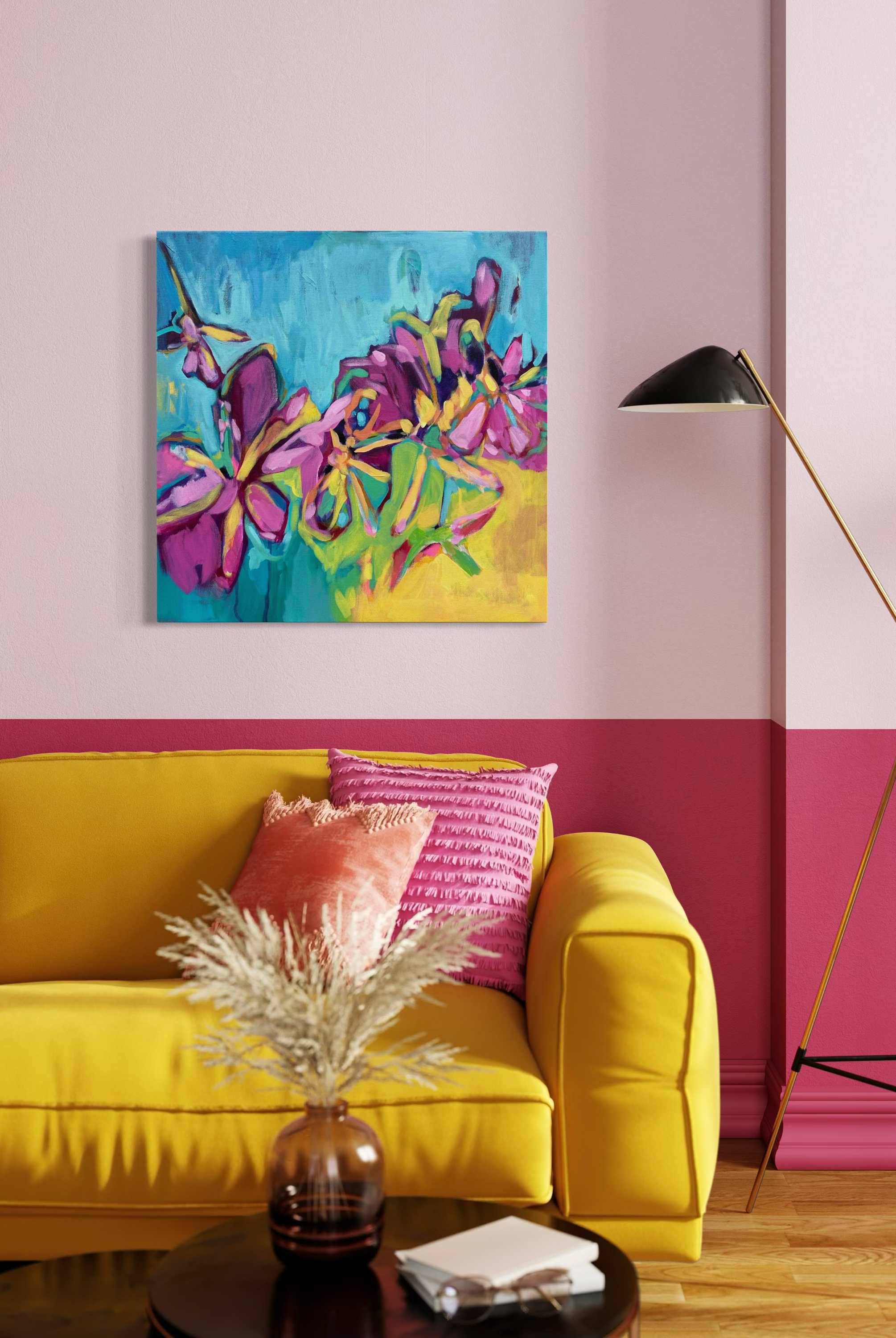 Golden Hour contemporary floral painting by Julie Davis
colorful abstract artwork in turquoise magenta and yellow
botanical modern painting wall art in living room