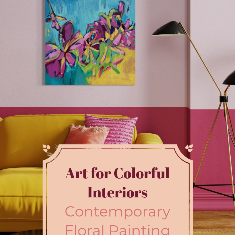 Golden Hour contemporary floral painting by Julie Davis
colorful abstract artwork in turquoise magenta and yellow
botanical modern painting wall art in living room