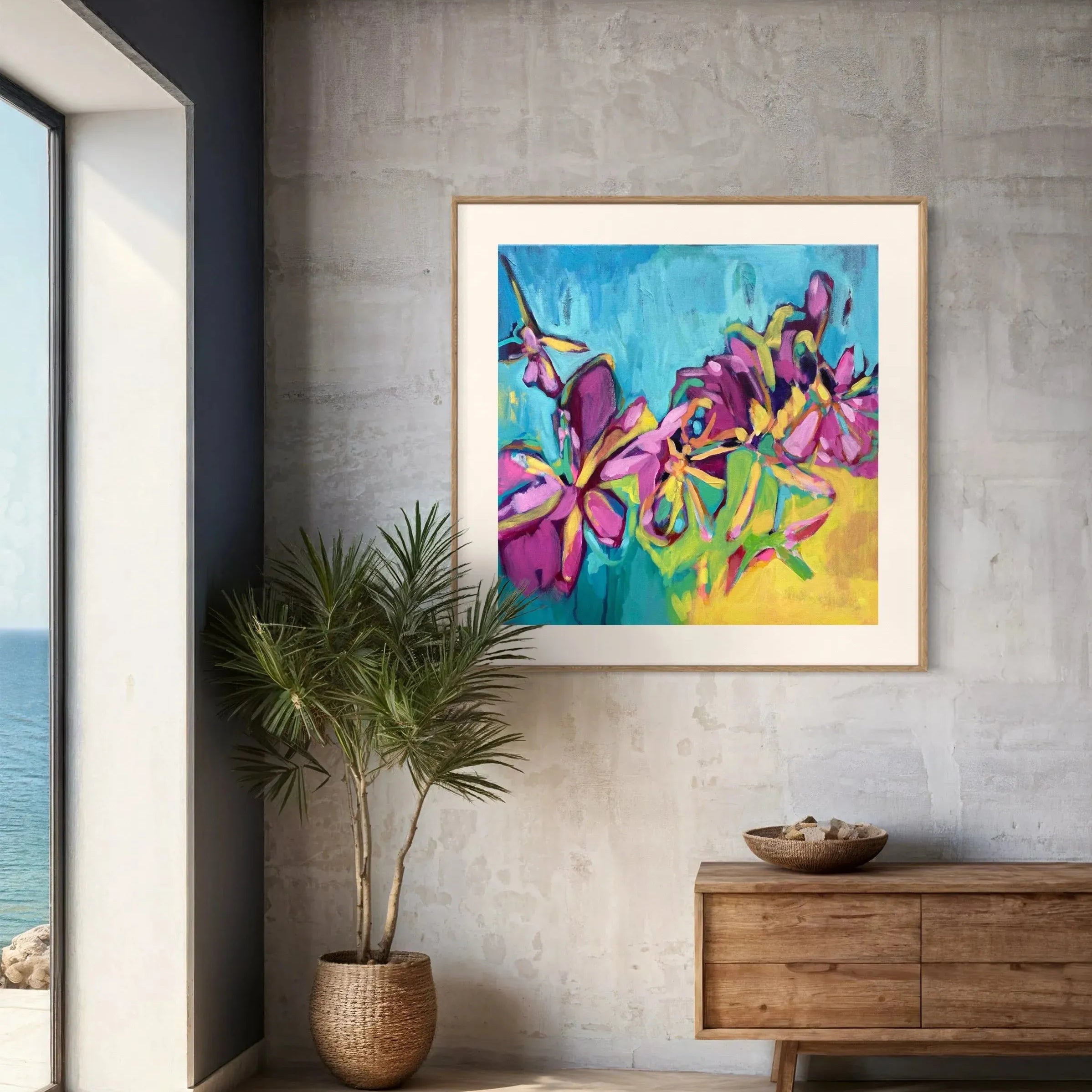 Golden Hour contemporary floral painting by Julie Davis
colorful abstract artwork in turquoise magenta and yellow
botanical modern painting wall art in living room