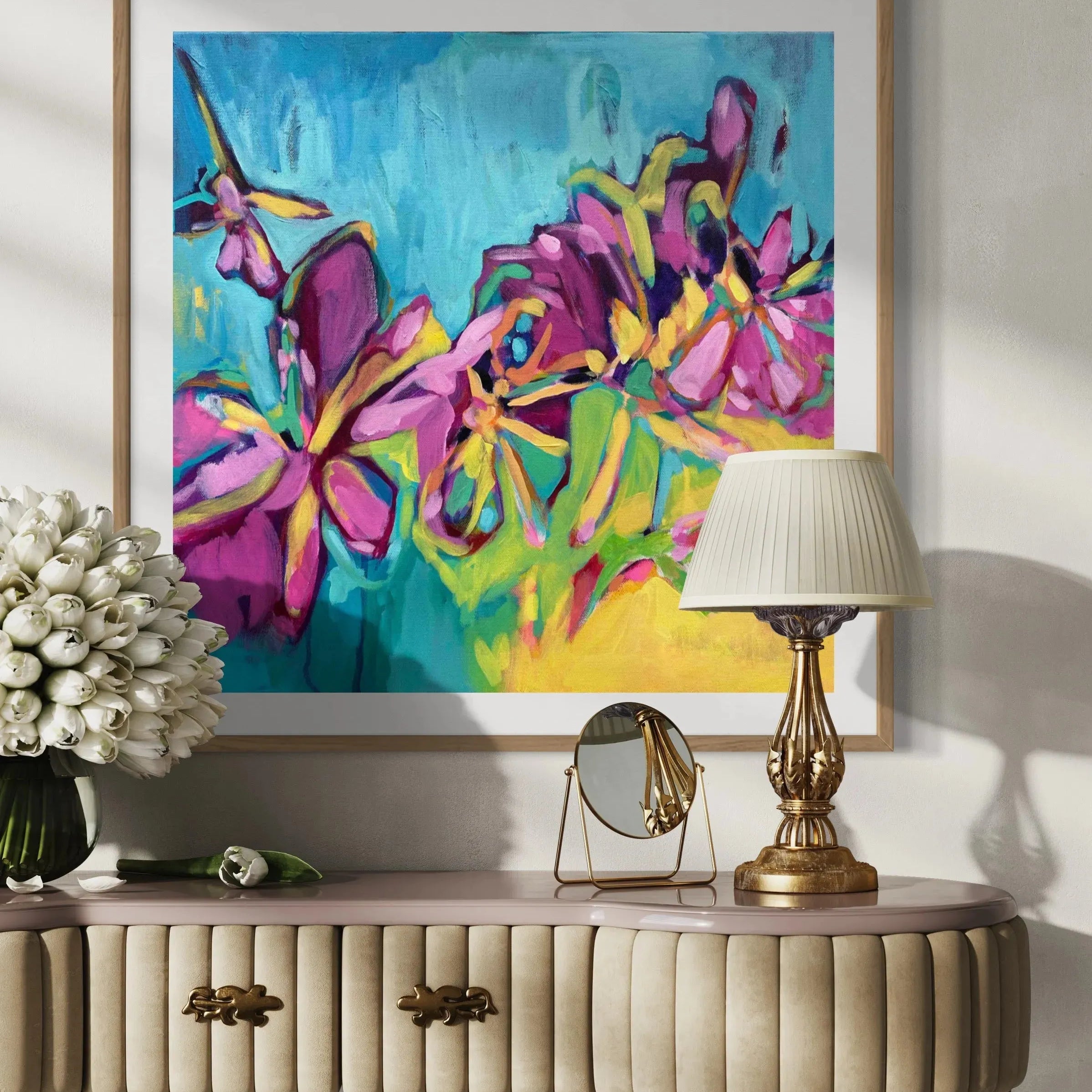 Golden Hour contemporary floral painting by Julie Davis
colorful abstract artwork in turquoise magenta and yellow
botanical modern painting wall art in living room