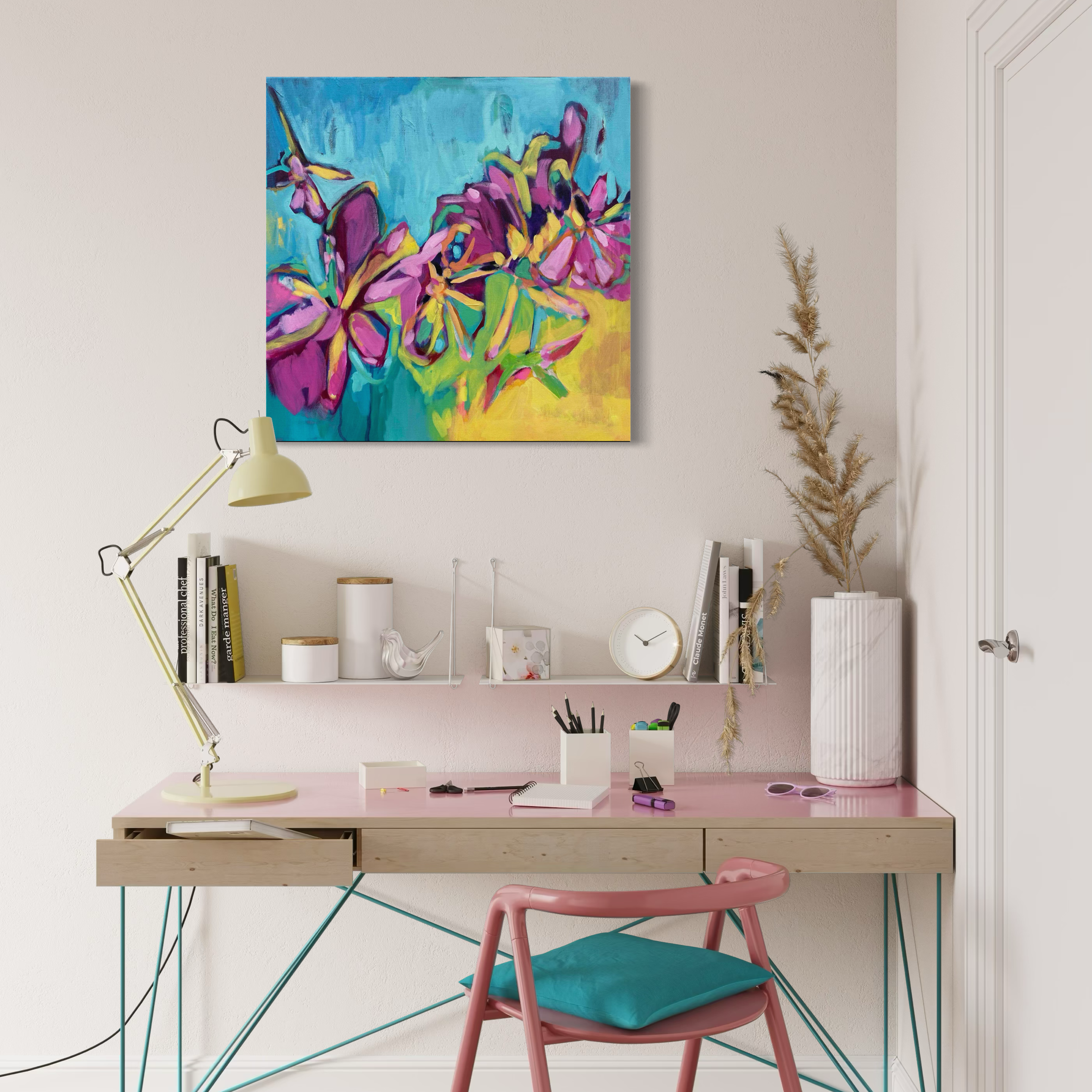 Modern home office with a colorful abstract painting on the wall above a desk. Golden Hour contemporary floral painting by Julie Davis
colorful abstract artwork in turquoise magenta and yellow
botanical modern painting wall art in living room