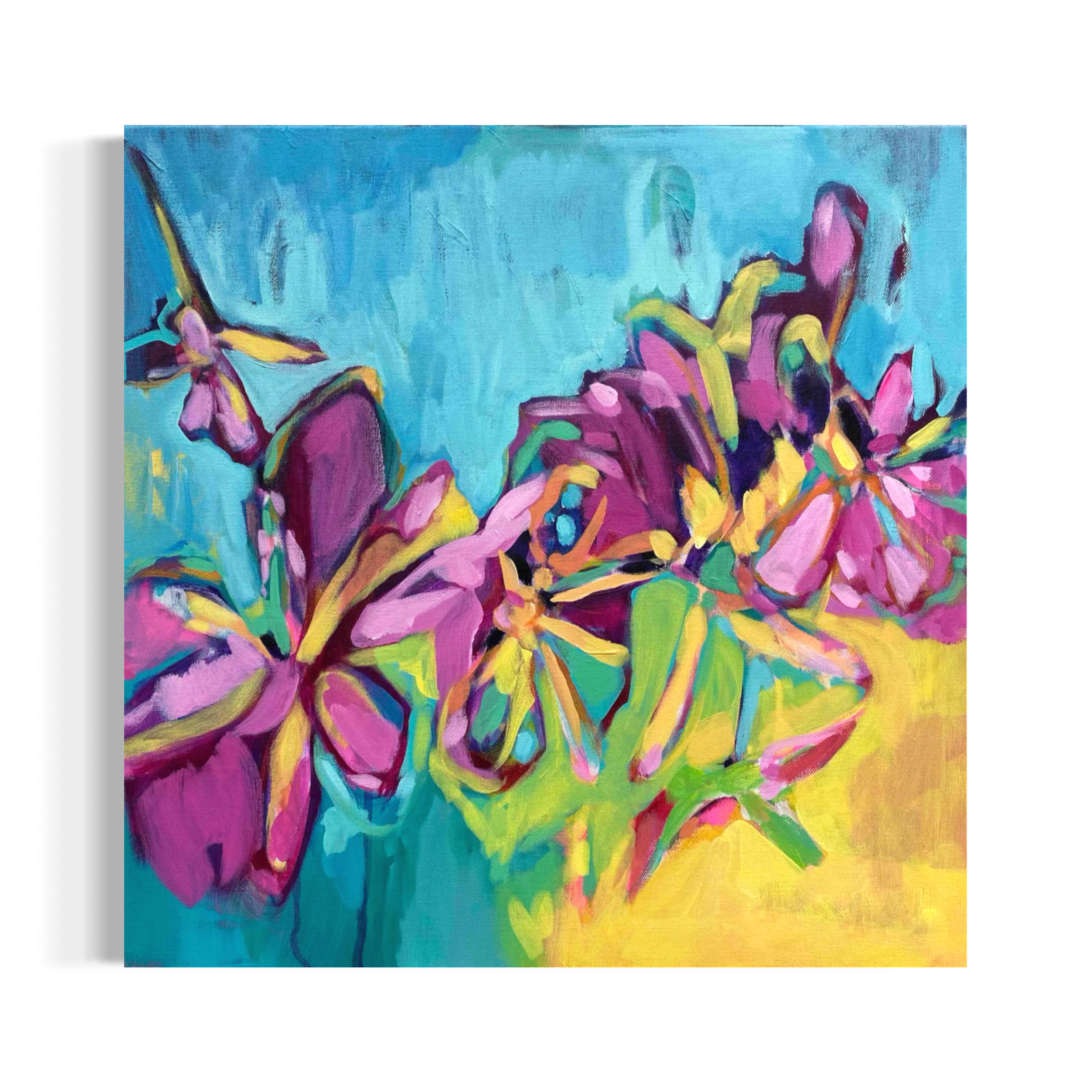 Golden Hour contemporary floral painting by Julie Davis
colorful abstract artwork in turquoise magenta and yellow
botanical modern painting wall art in living room