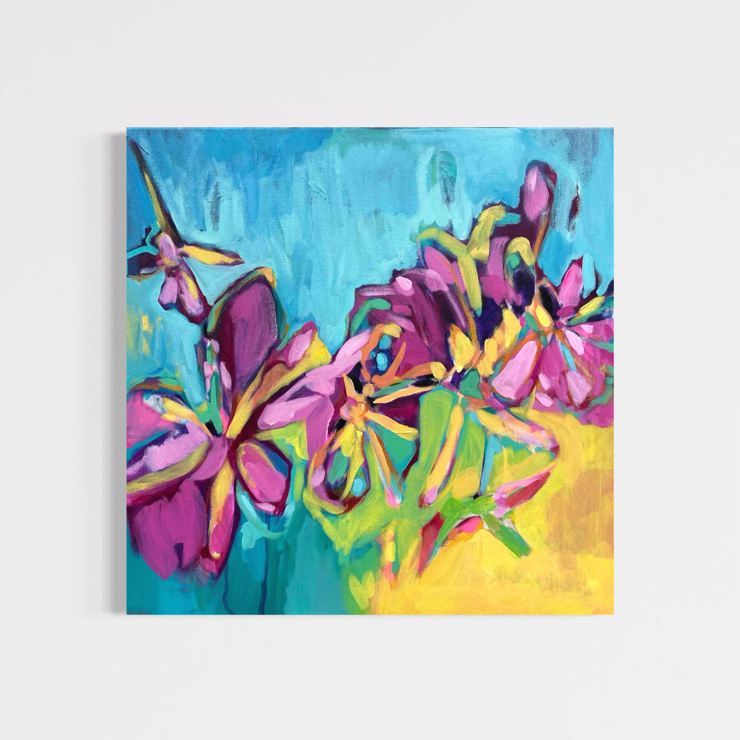 Colorful abstract painting of flowers on a white background. Golden Hour contemporary floral painting by Julie Davis
colorful abstract artwork in turquoise magenta and yellow
botanical modern painting wall art in living room