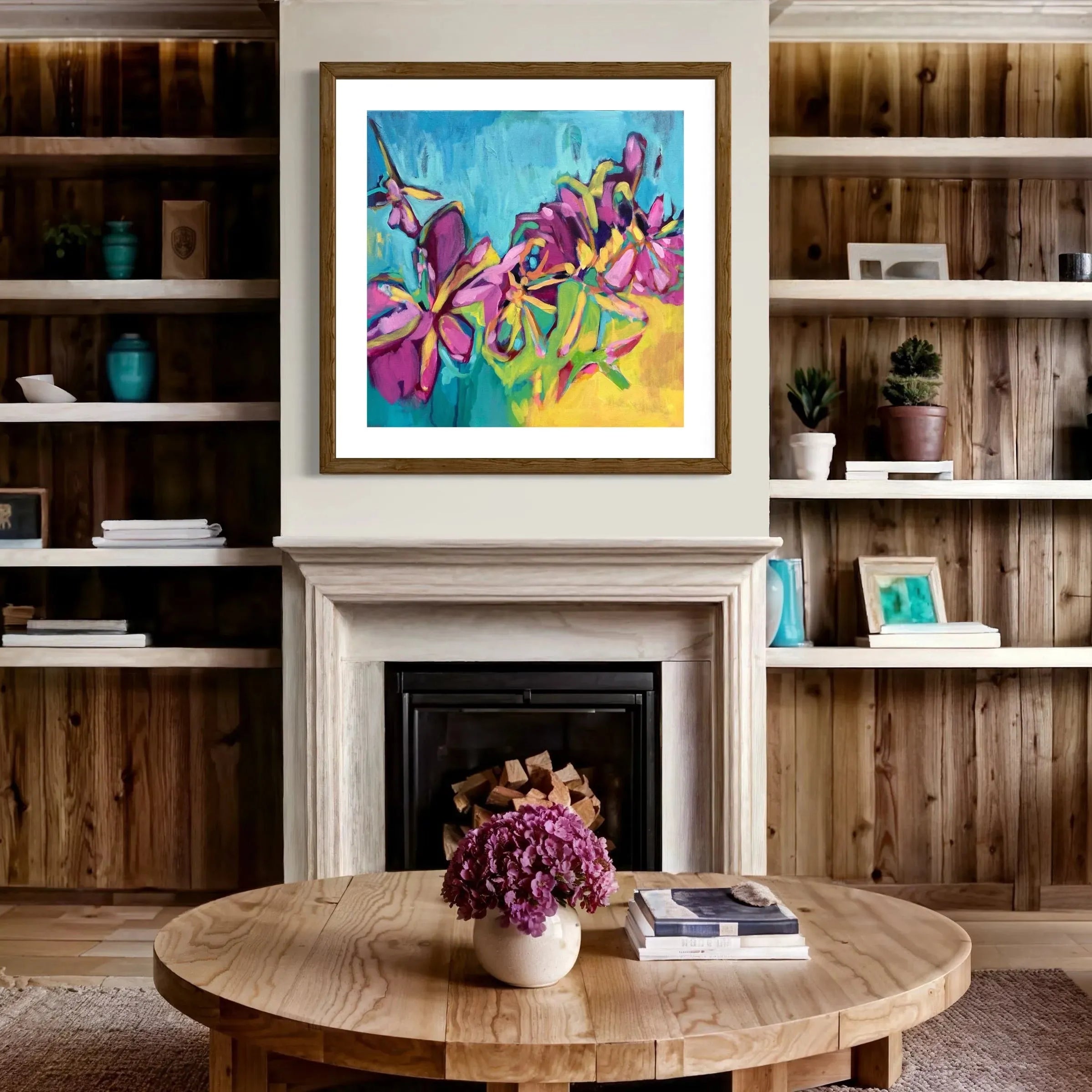Golden Hour contemporary floral painting by Julie Davis
colorful abstract artwork in turquoise magenta and yellow
botanical modern painting wall art in living room