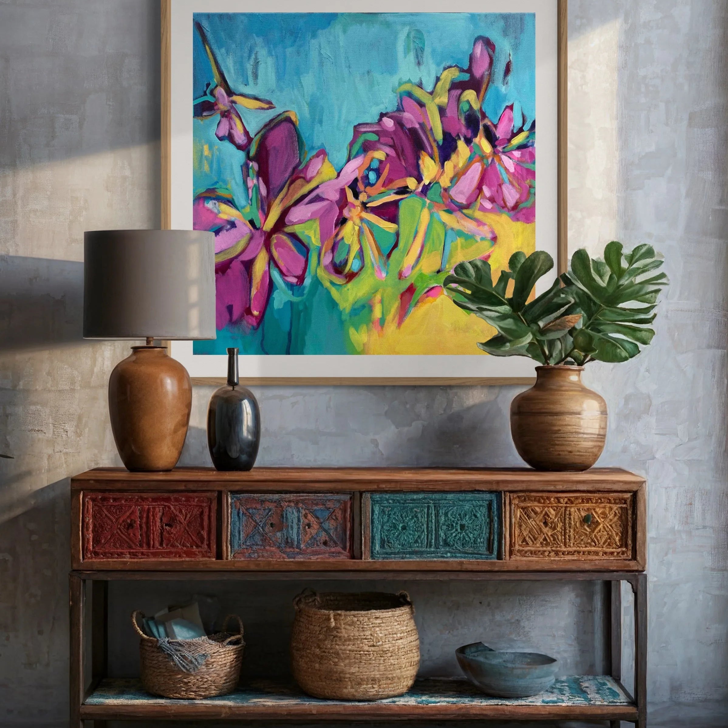 Golden Hour contemporary floral painting by Julie Davis
colorful abstract artwork in turquoise magenta and yellow
botanical modern painting wall art in living room