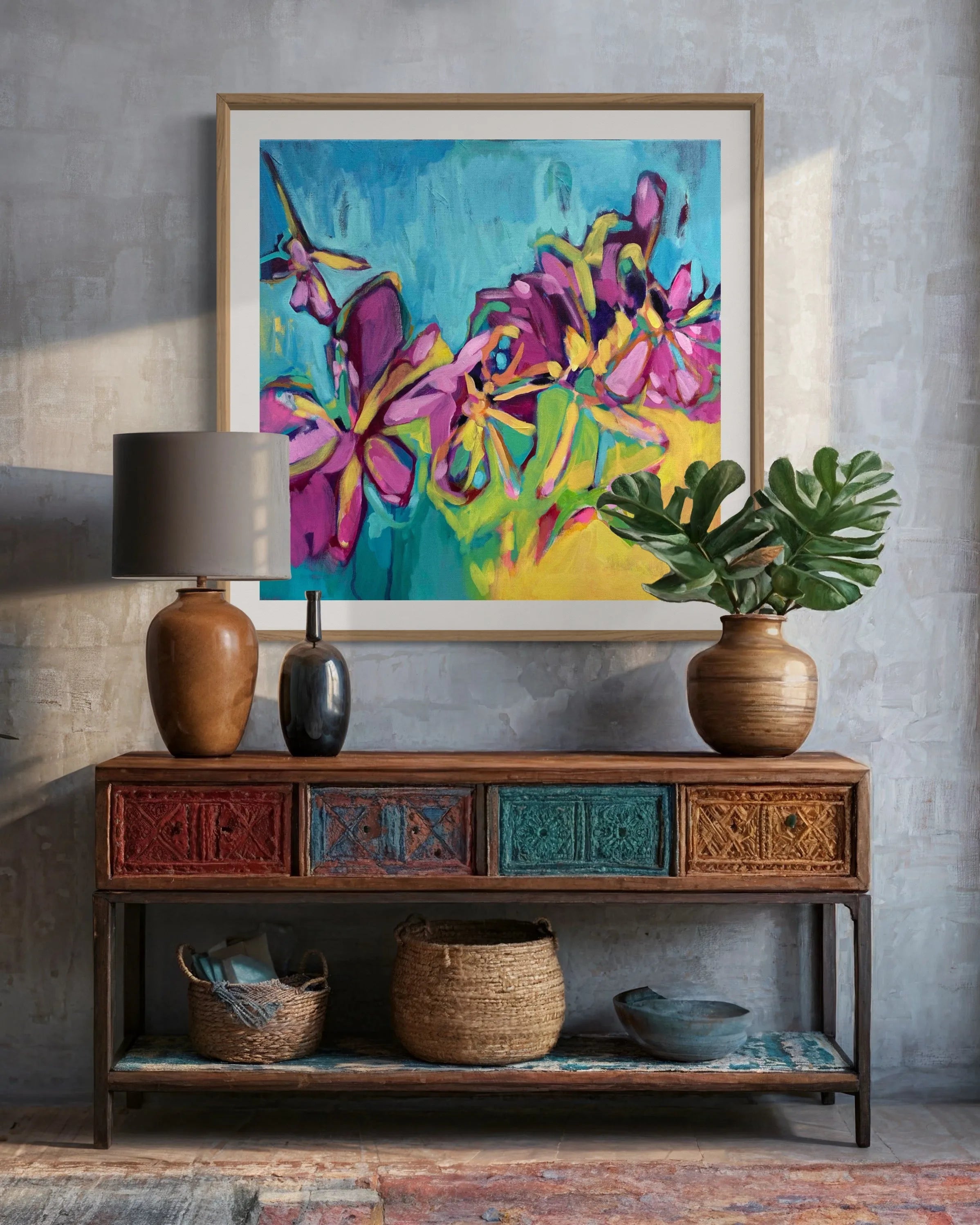 Golden Hour contemporary floral painting by Julie Davis
colorful abstract artwork in turquoise magenta and yellow
botanical modern painting wall art in living room