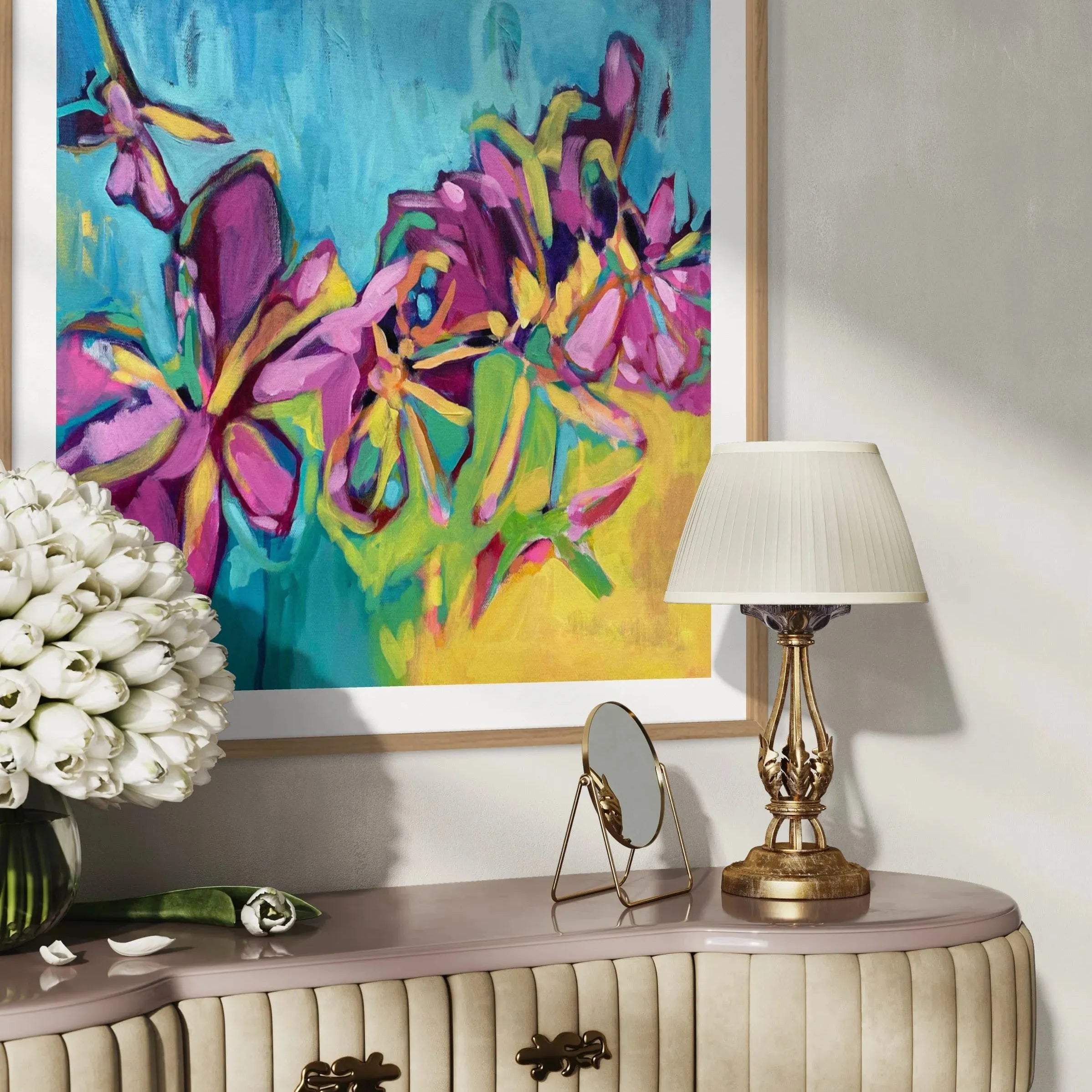 Golden Hour contemporary floral painting by Julie Davis
colorful abstract artwork in turquoise magenta and yellow
botanical modern painting wall art in living room