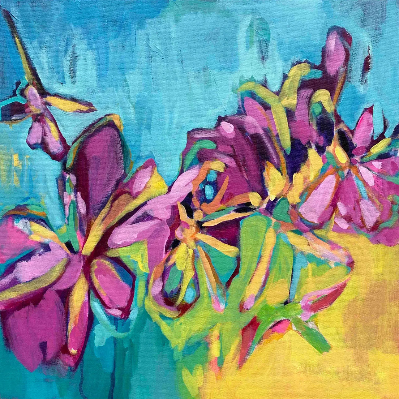 Golden Hour contemporary floral painting by Julie Davis
colorful abstract artwork in turquoise magenta and yellow
botanical modern painting wall art in living room