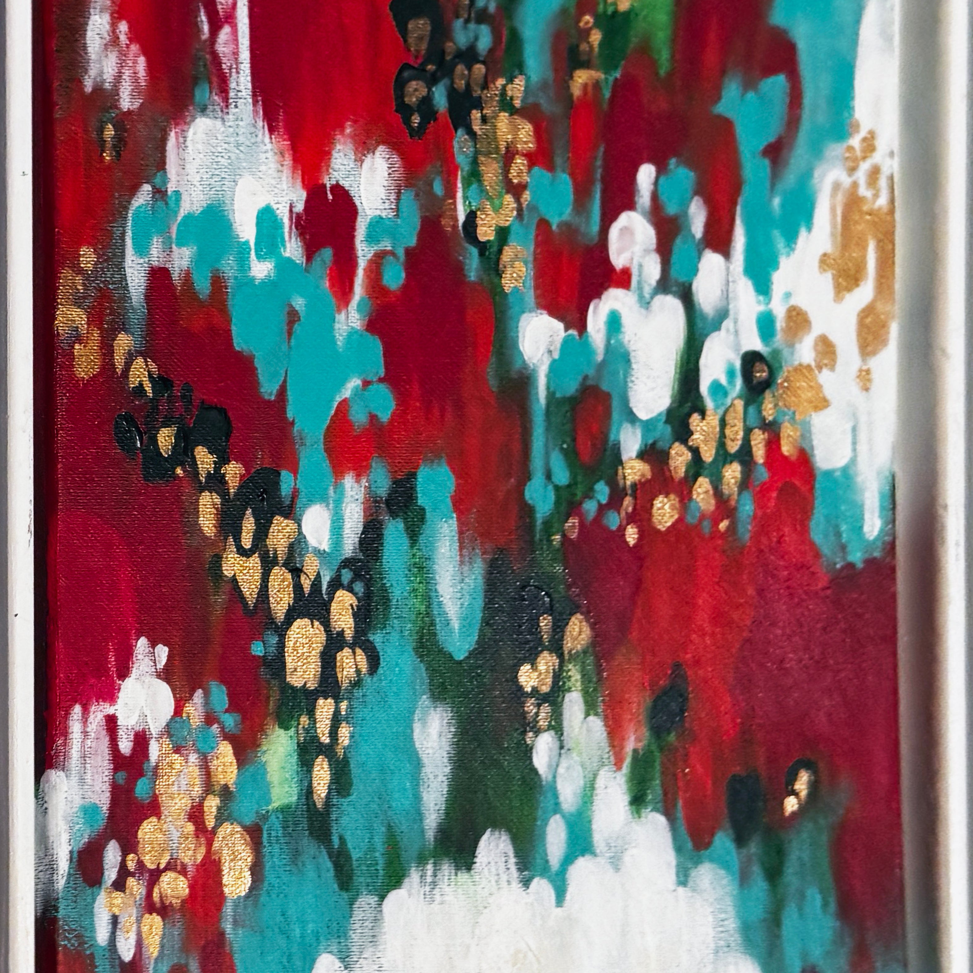 Original Abstract artwork with vibrant colors and brush strokes on a red background - by Julie Davis
