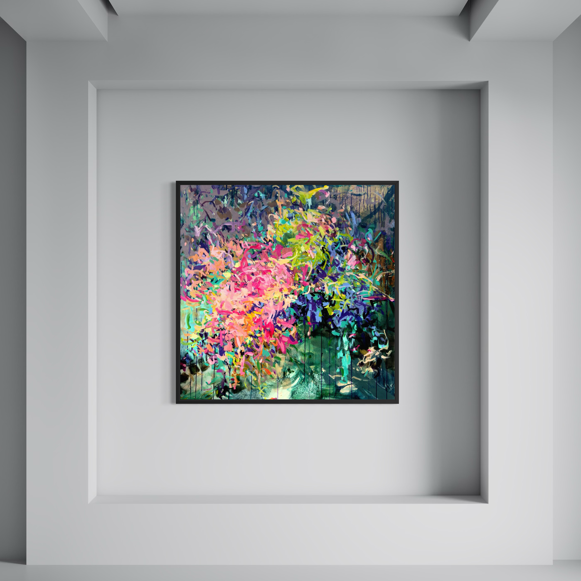 Colorful abstract botanical painting with vibrant flowers and expressive brushstrokes for modern interiors