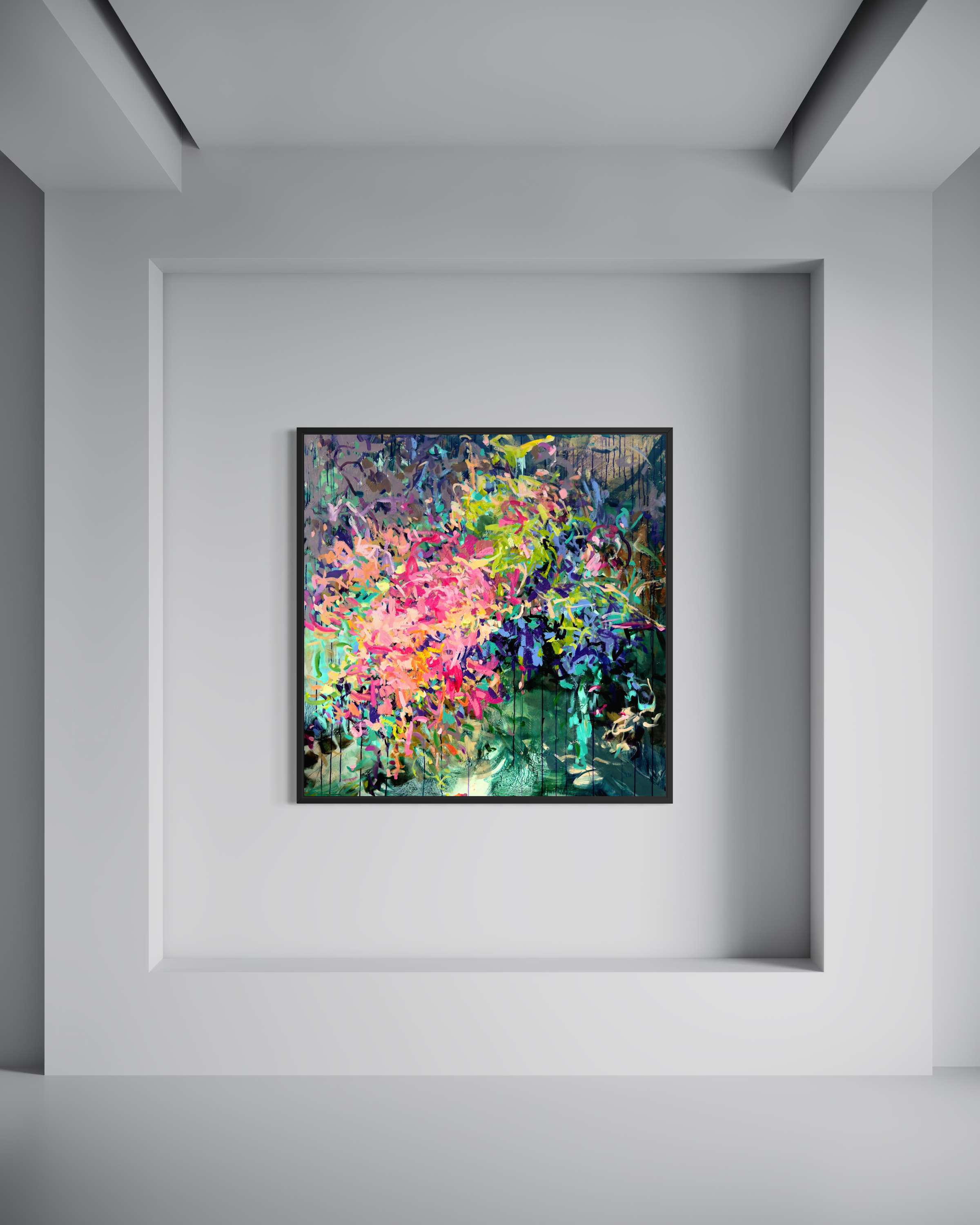 Colorful abstract botanical painting with vibrant flowers and expressive brushstrokes for modern interiors