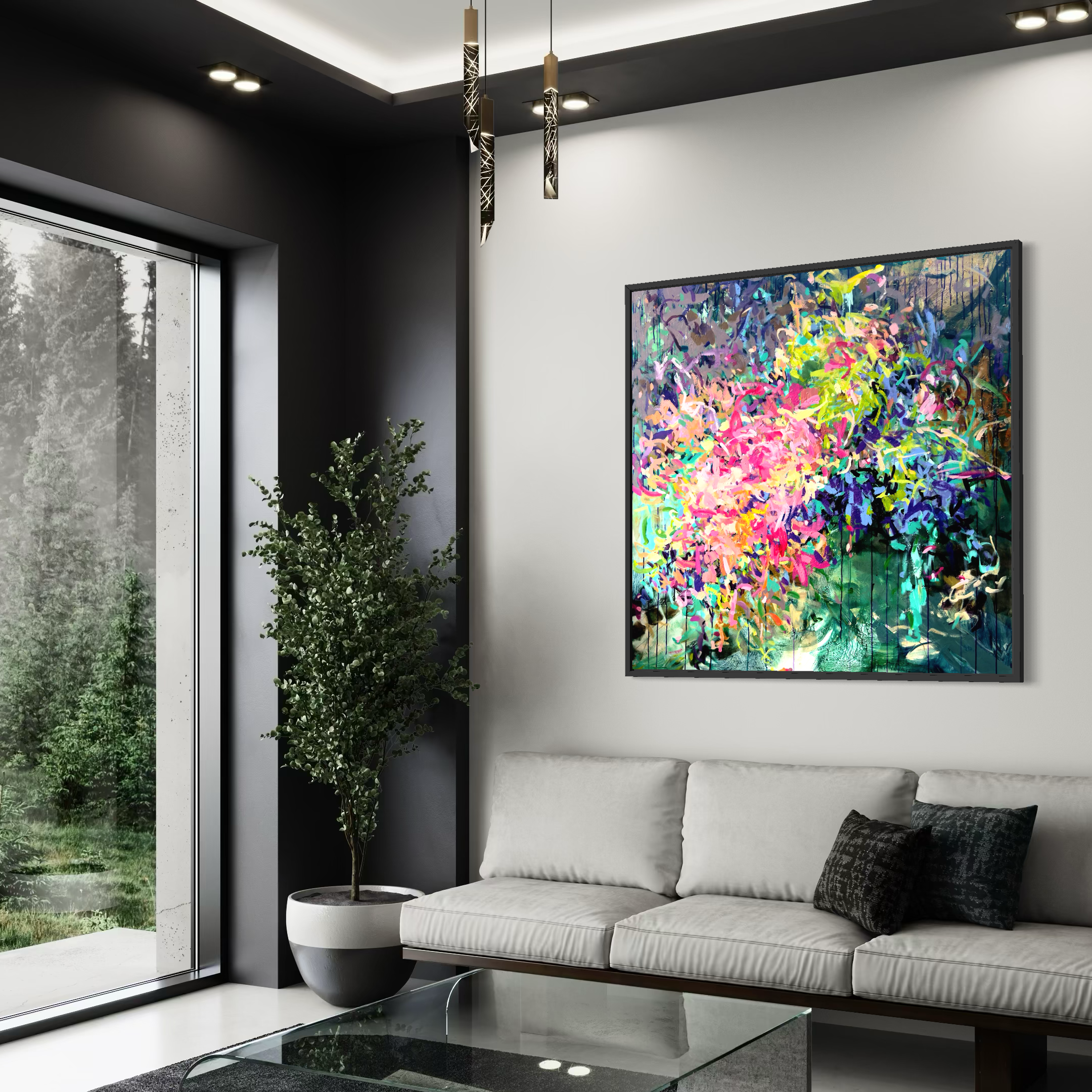 Modern colorful floral painting by Julie Davis designed as statement wall art for contemporary spaces