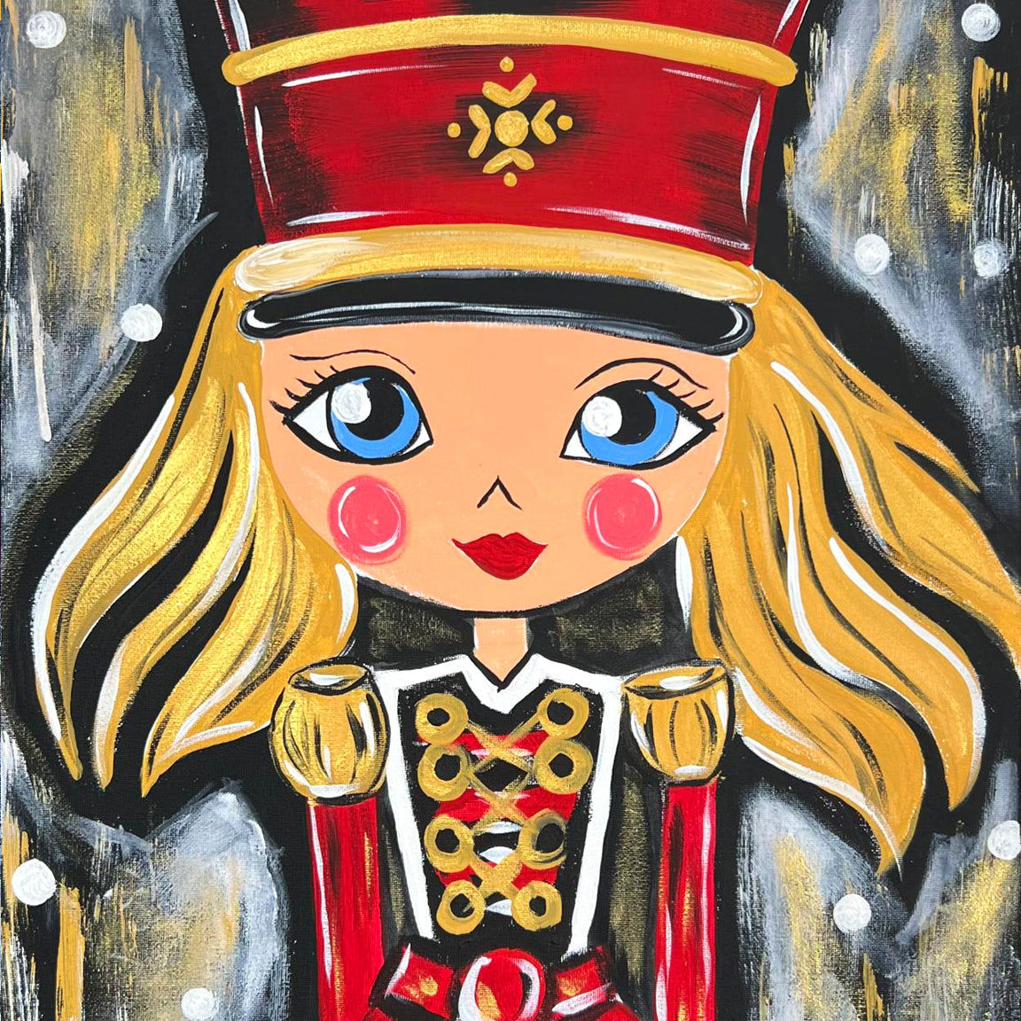 An art kit image painted on canvas of a Miss Nutcracker character in a red outfit and a hat.