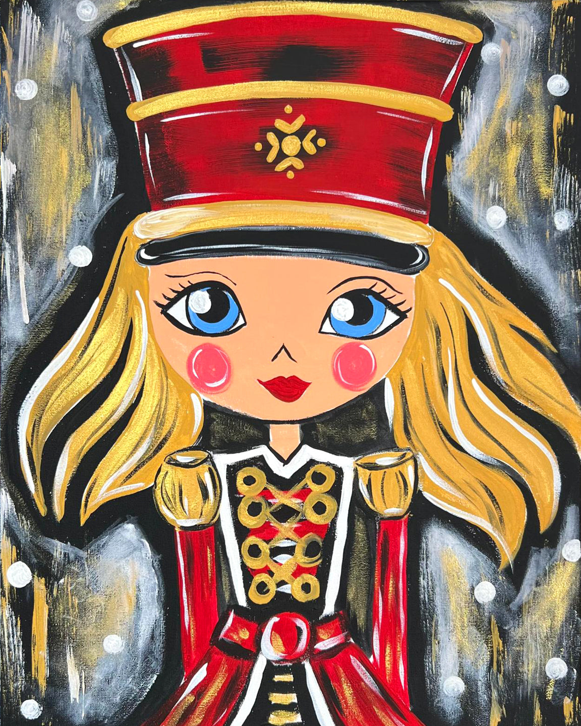 An art kit image painted on canvas of a Miss Nutcracker character in a red outfit and a hat.
