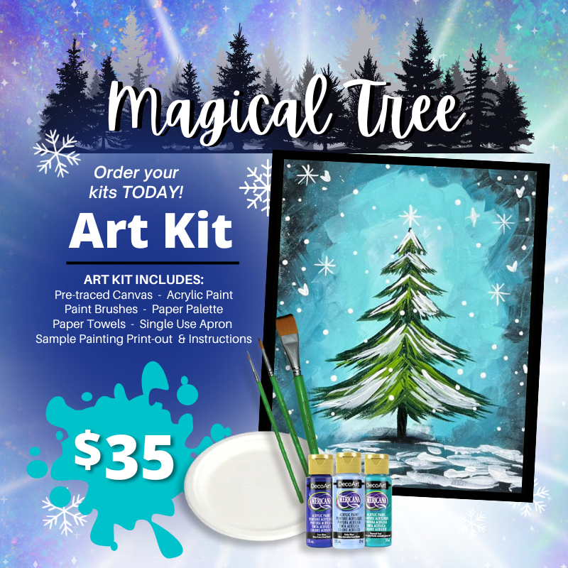 A decorated Christmas tree art kit, featuring a canvas with a painted tree and snowflakes, acrylic paint, and a palette.