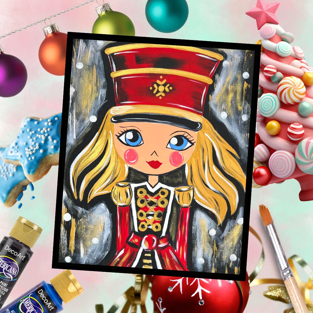 An art kit image featuring a canvas with a Miss Nutcracker character in a red outfit and a hat, surrounded by holiday decorations like Christmas trees and gifts.