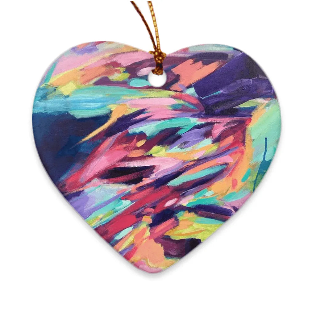 Front View of the "Resonance Rising" heart shaped hand made porcelain ornament by Julie Davis
