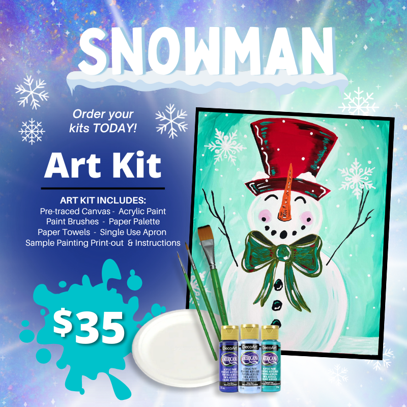 Advertisement for an art kit called 'Snowman' featuring a canvas print of a snowman with an aqua background, red hat, and white beard. The kit includes paints and supplies for creating the artwork.