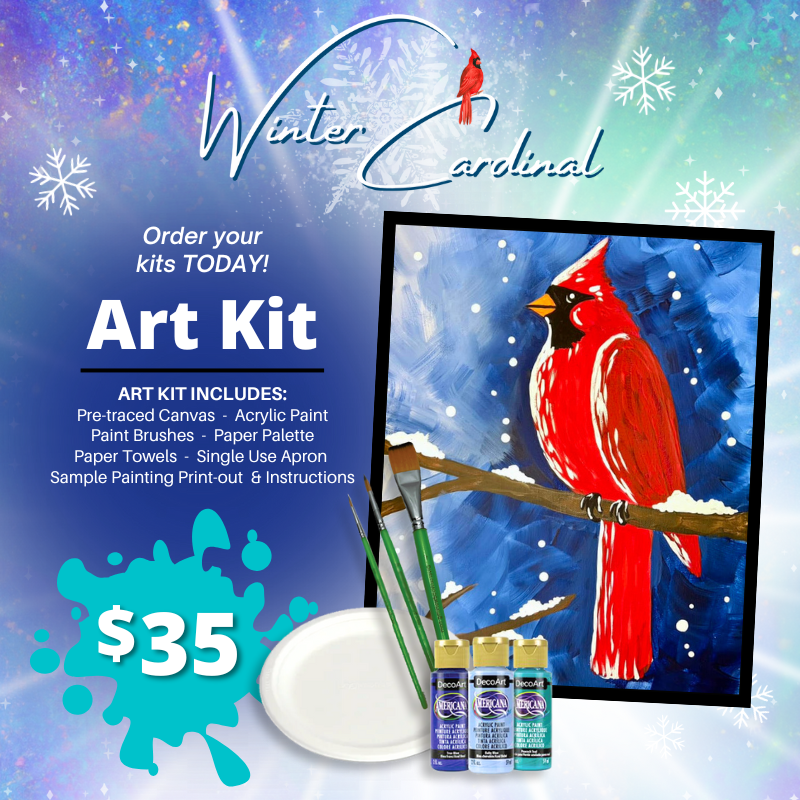 A DIY Art Kit of a red cardinal bird perched on a branch with a blue winter sky and snowflakes around, accompanied by art supplies and a pine branch in the background.