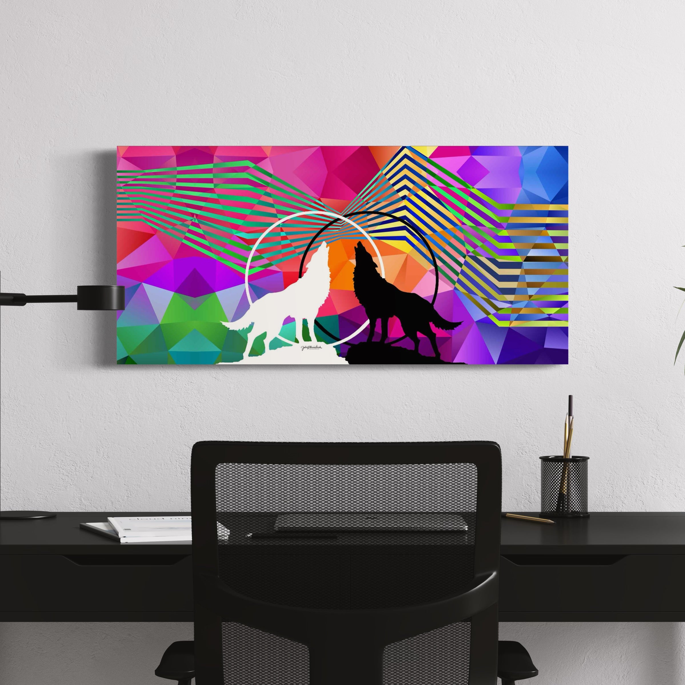 Front view of "Wolves Within" canvas print by Julie Davis in a contemporary office setting.