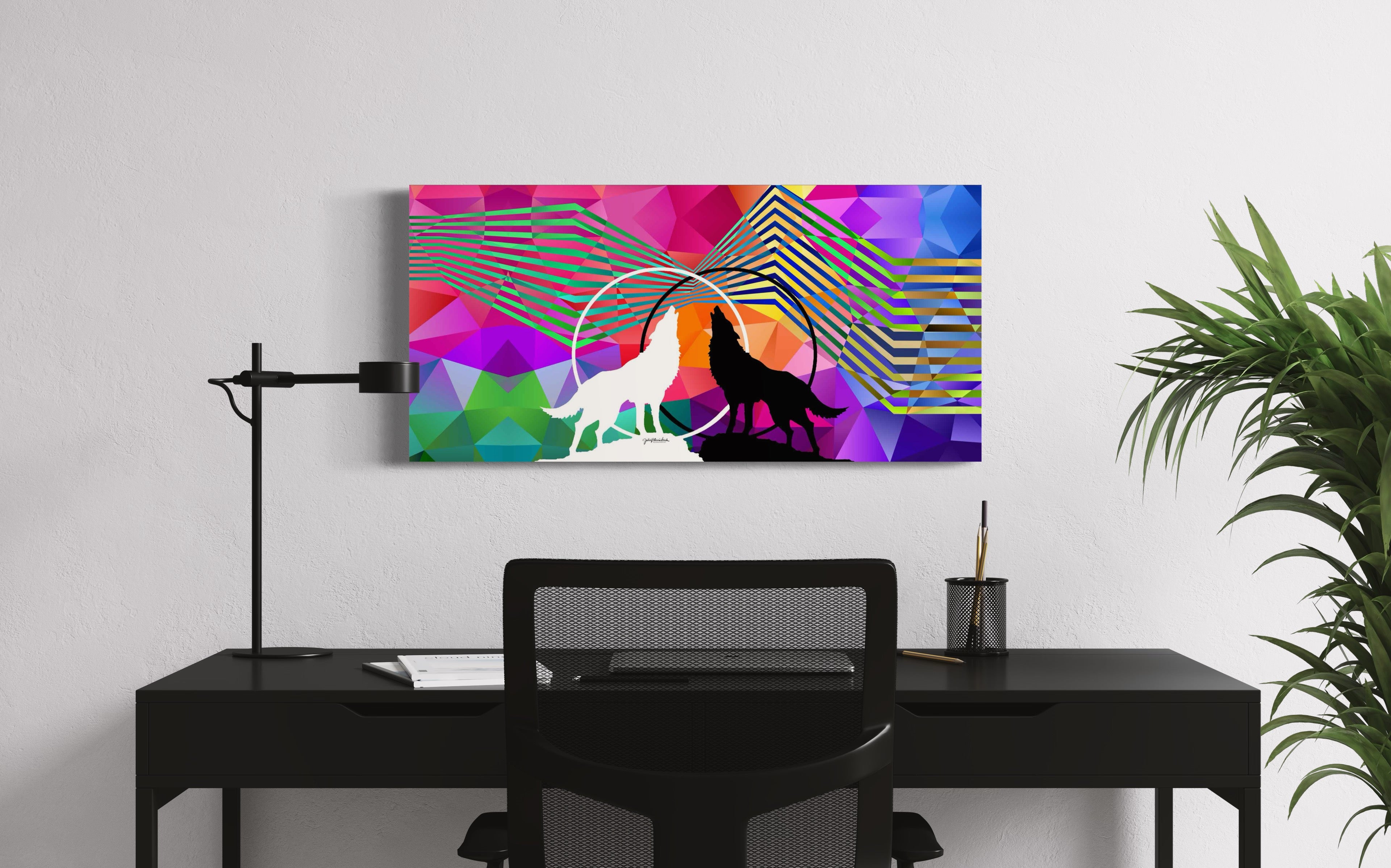 Front view of "Wolves Within" canvas print by Julie Davis in a contemporary office setting.