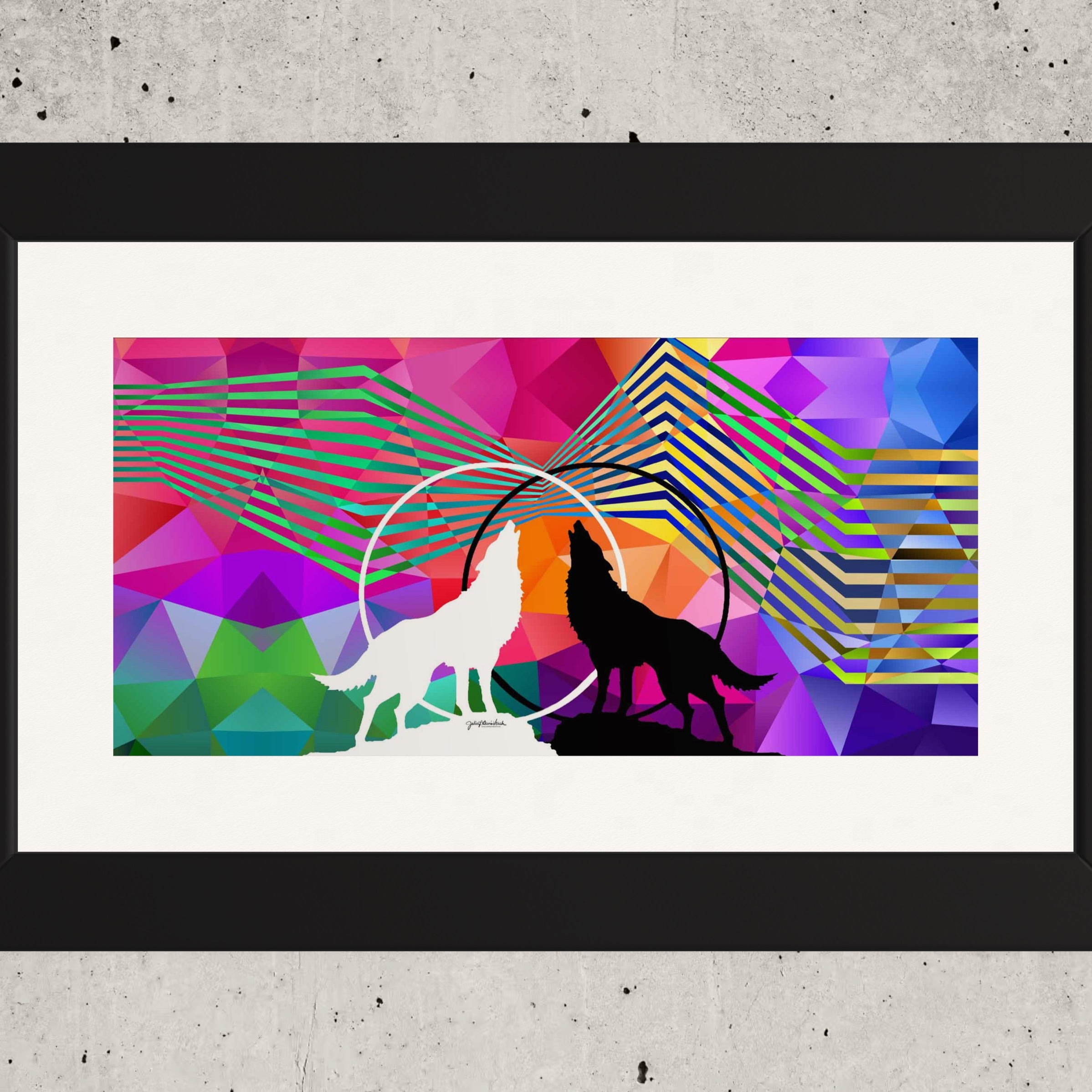 Close up front view of Wolves Within fine art print is framed and hangs on wall