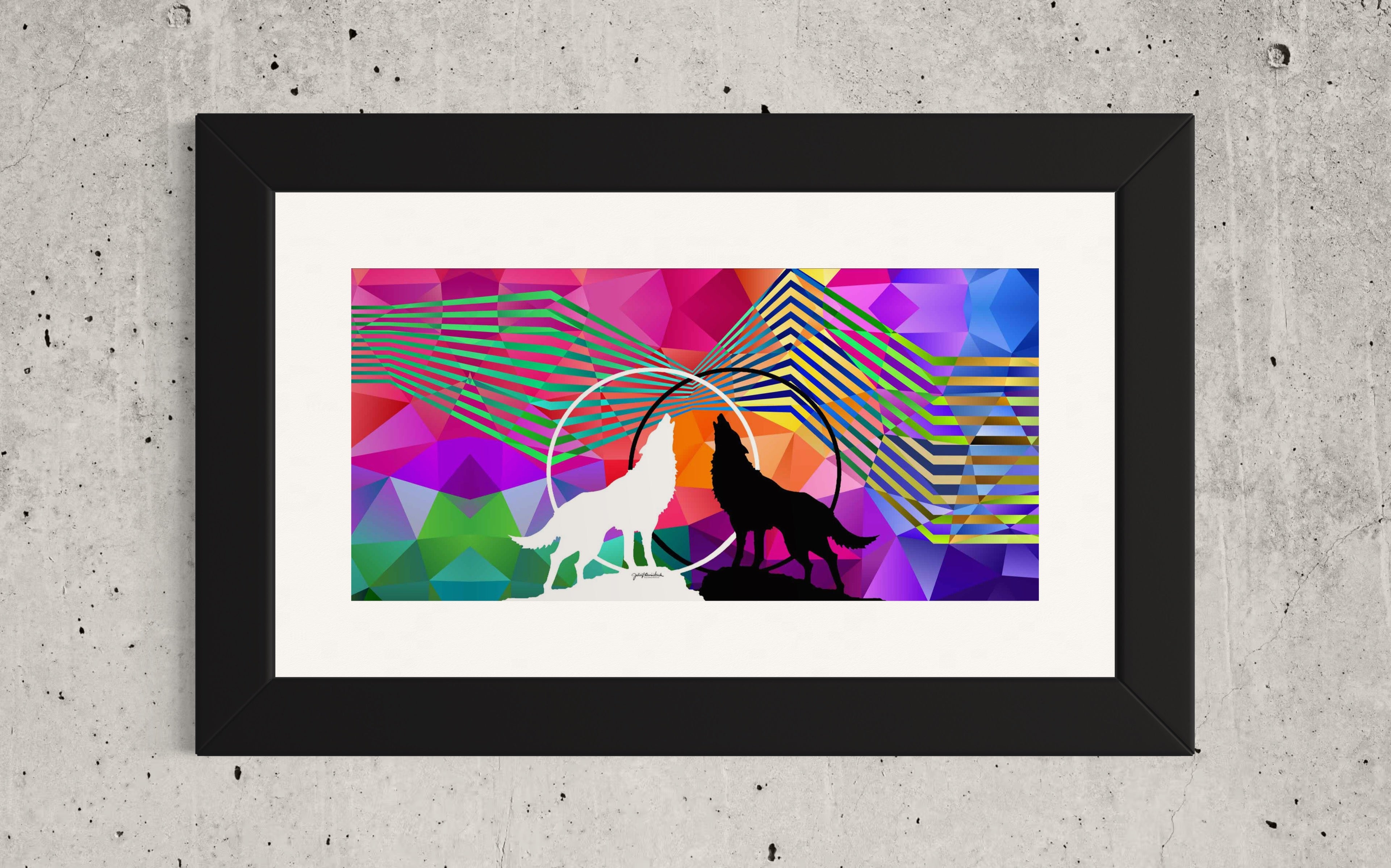 Close up front view of Wolves Within fine art print is framed and hangs on wall
