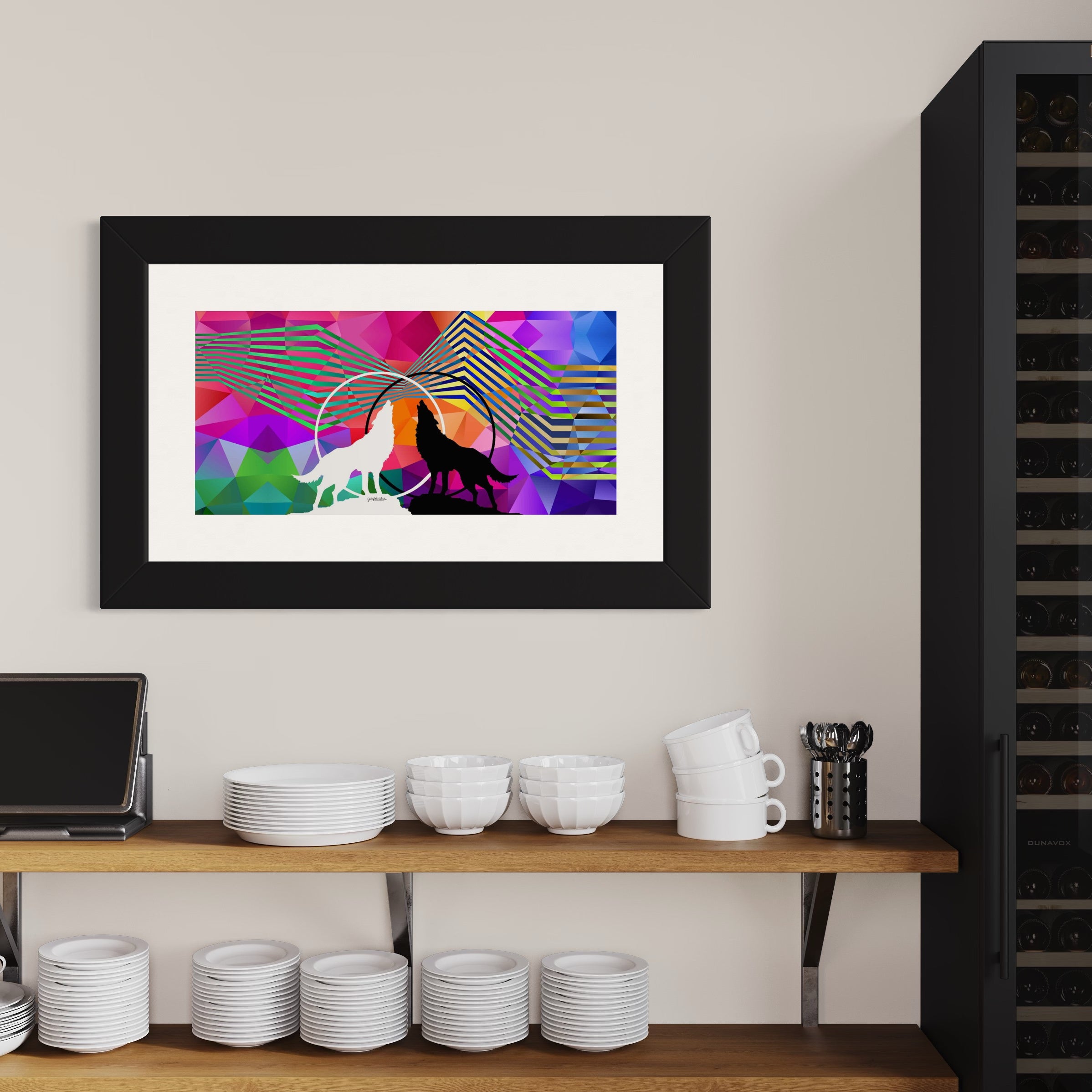 Front view of Wolves Within fine art print is framed and hangs on wall in cafe
