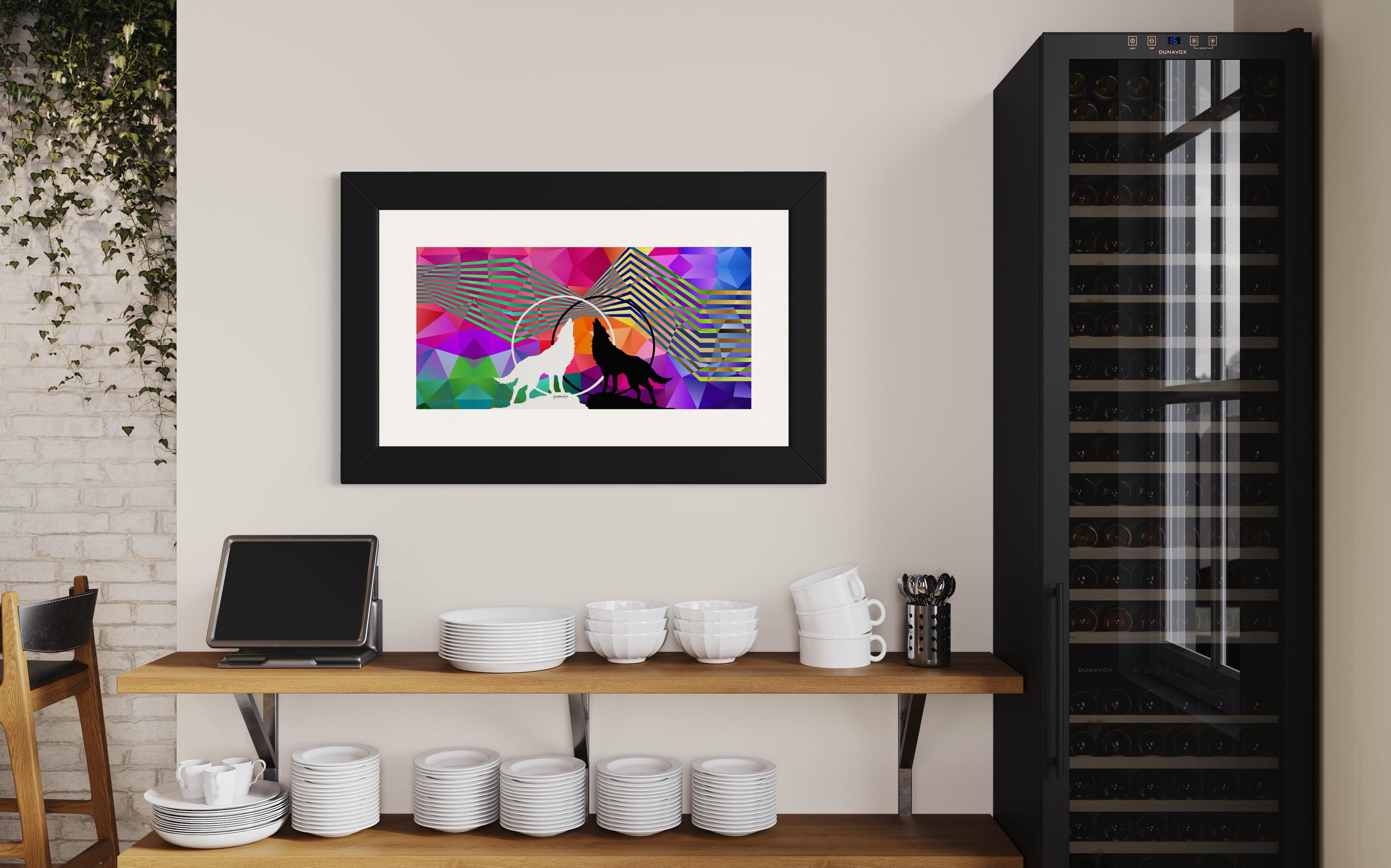 Front view of Wolves Within fine art print is framed and hangs on wall in cafe