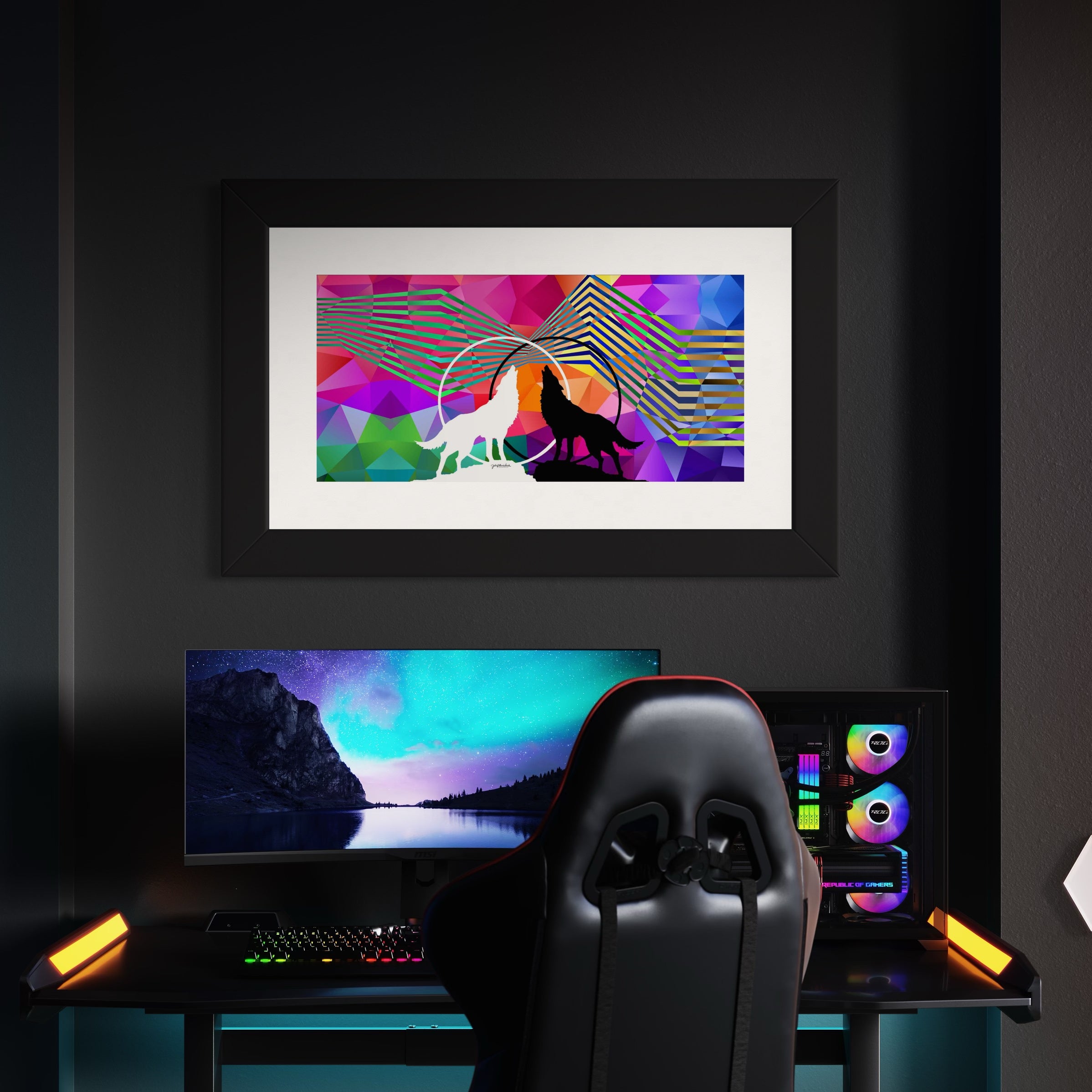 Front view of the Wolves Within fine art print hangs framed in black in game room