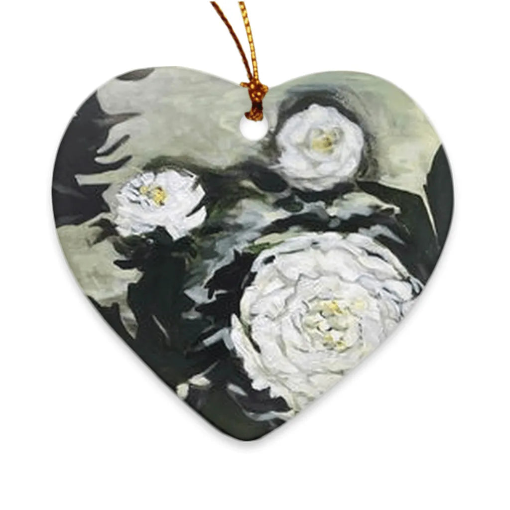 Heart shaped "Zion's Dawning Dahlias" porcelain ornament by Julie Davis