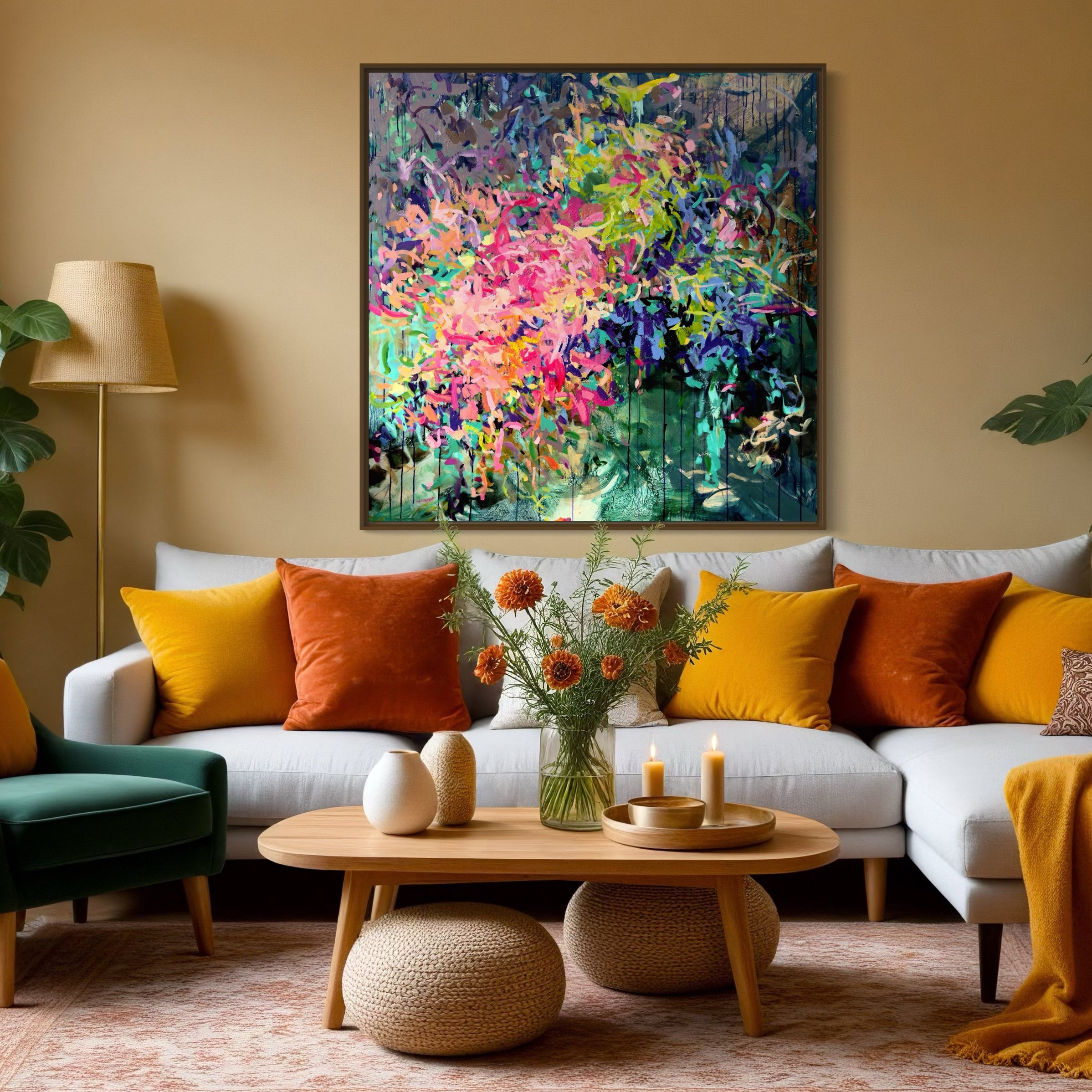 Contemporary floral painting with vibrant abstract botanical forms in bold expressive color by artist Julie Davis