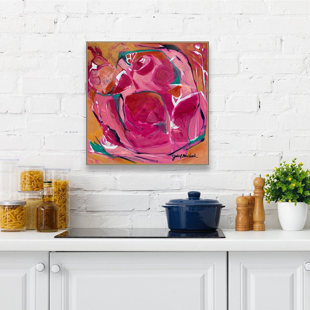 “Queen Bee" 24x24" original abstract painting by Julie Davis displayed hanging on a bright white wall in a contemporary kitchen.