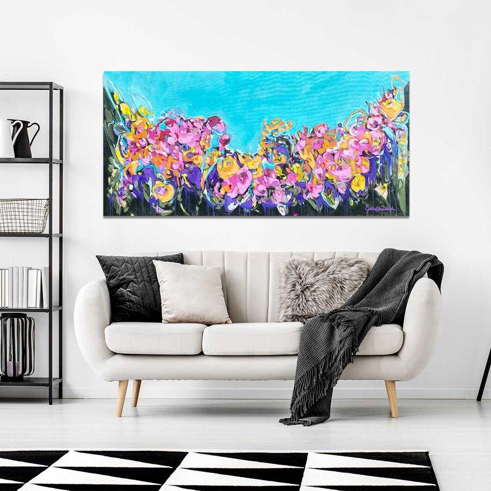 "Fresh Faith" original painting on canvas by Julie Davis hangs in a beautiful bright living room.