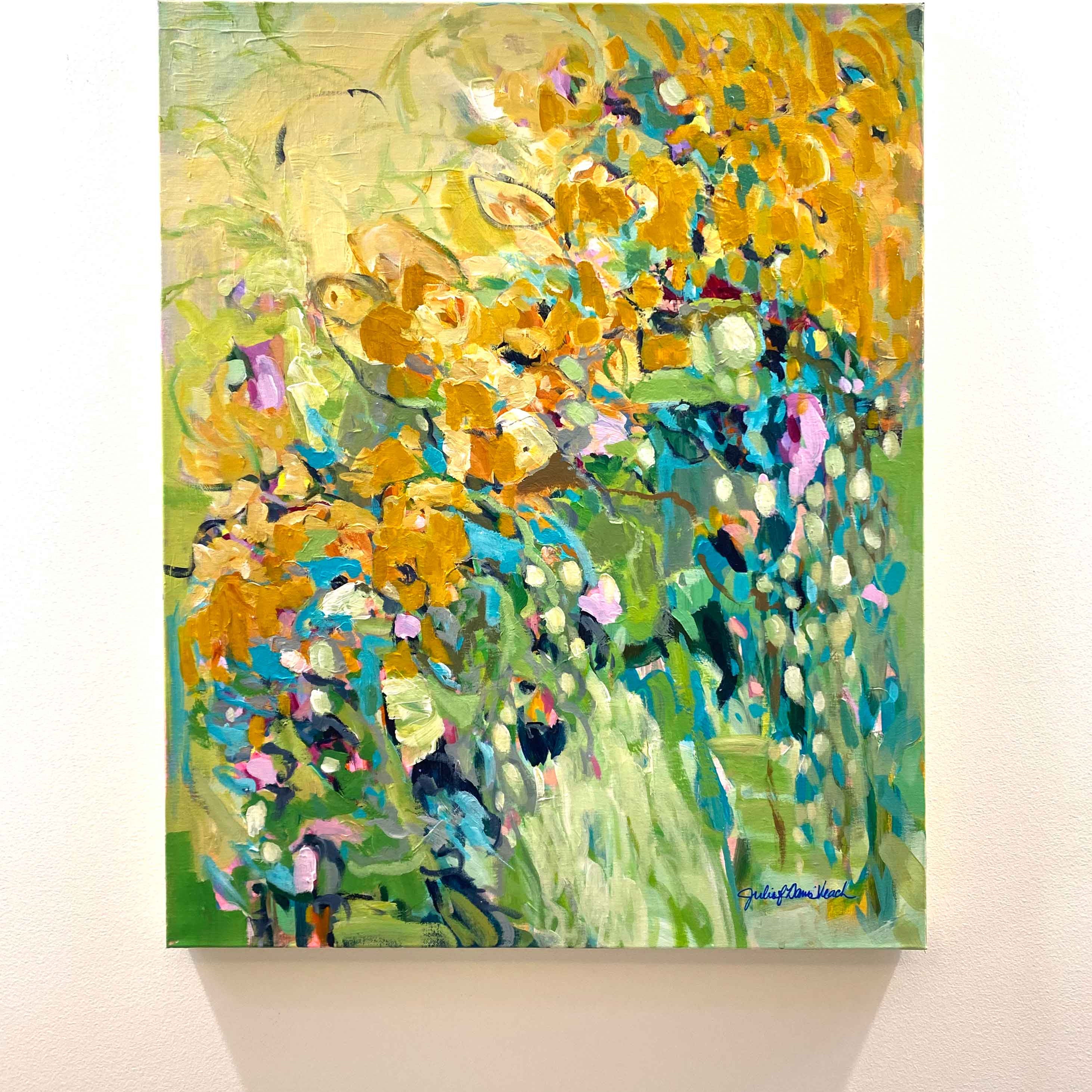 "Golden" original painting on canvas by Julie Davis hangs on gallery wall.