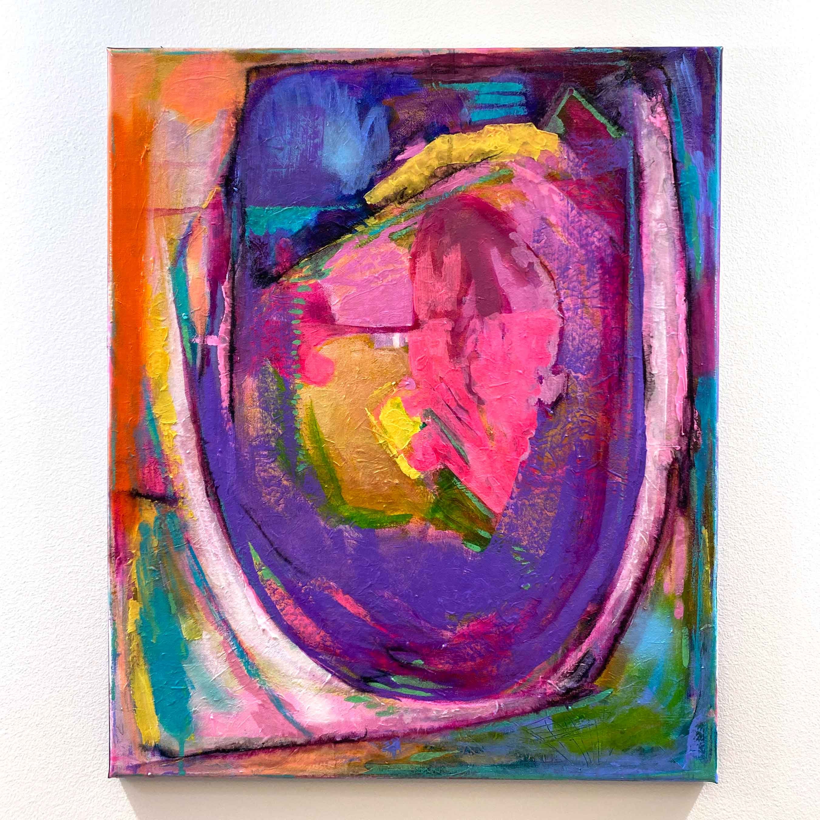 "House on the Hill" original painting on canvas by Julie Davis hangs on the gallery wall.