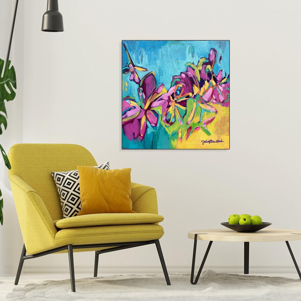 Golden Hour contemporary floral painting by Julie Davis
colorful abstract artwork in turquoise magenta and yellow
botanical modern painting wall art in living room