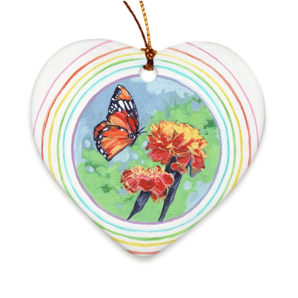 Heart shaped "Marigold Blessing" hand made porcelain ornament by Julie Davis
