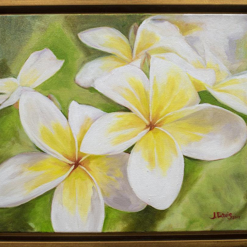 "Plumeria Morning" original painting by Julie Davis framed in contemporary gold float frame