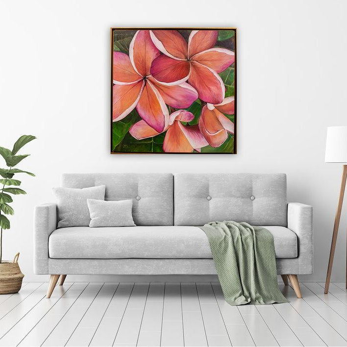 "Plumeria Love" original painting on canvas by Julie Davis displayed in contemporary bright living room interior