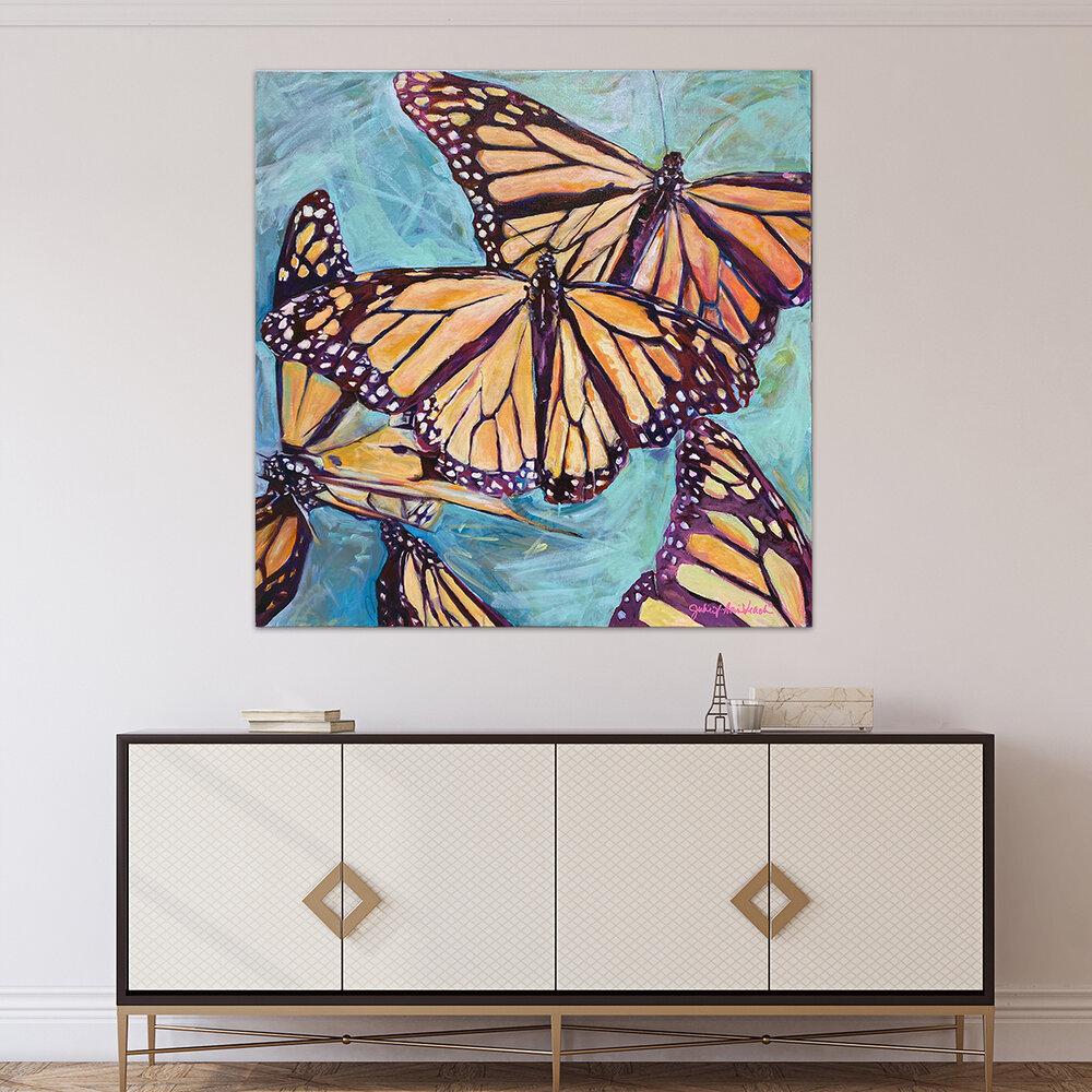 “Transformation Taking Flight” original painting on large canvas by Julie Davis displayed in an art deco interior